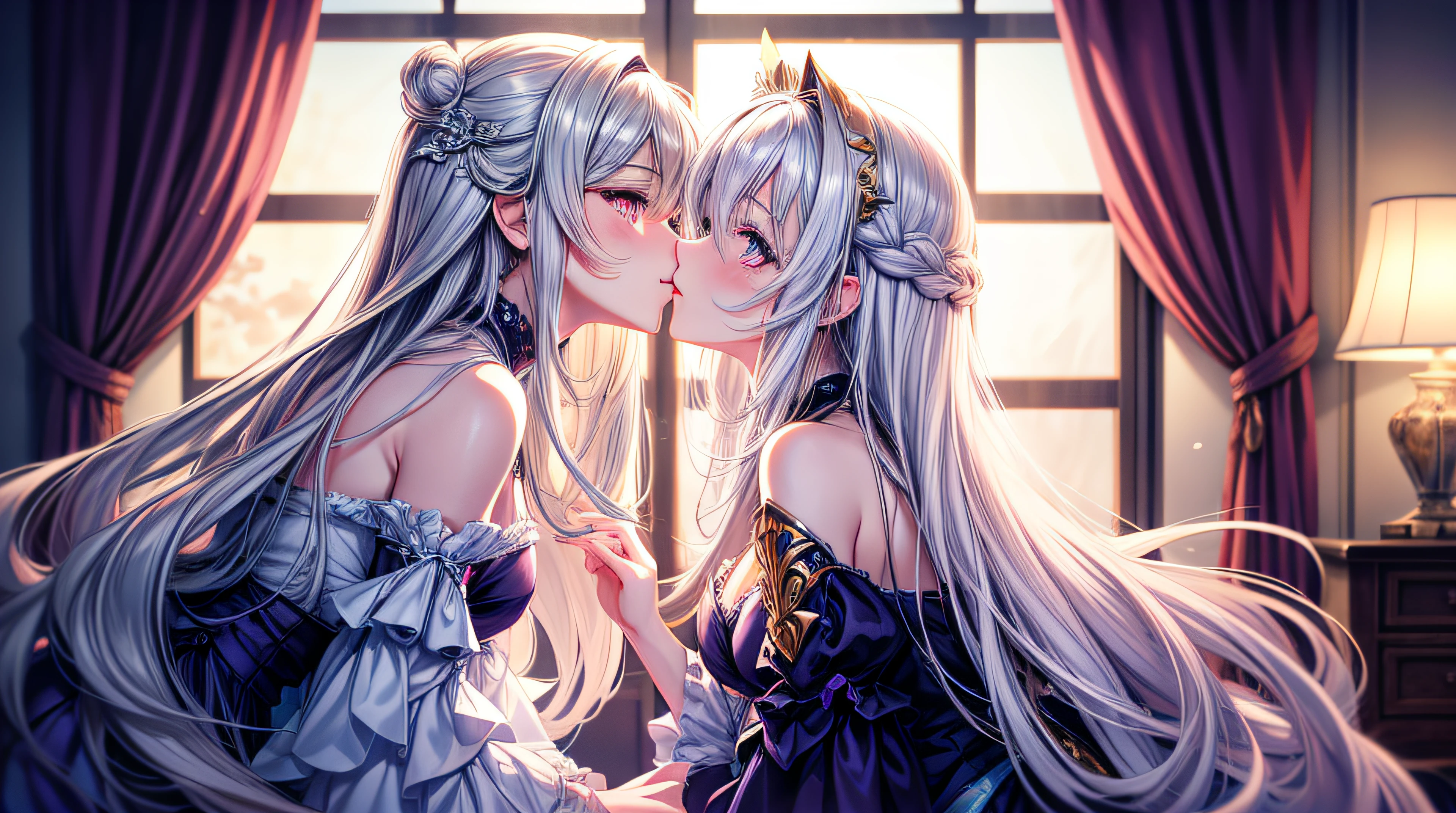 anime - style image of two women in a room with a window, kissing together cutely, kissing together, kissing each other, lovely kiss, fine details. two beautiful anime girls, white hair, purple eyes, glowing eyes, cute, kawaii, digital art, finely detailed eyes, embarrassed expression, long_hair, blushing, (highly detailed 8k wallpaper), best resolution, very_long_hair, masterpiece, best quality ,masterpiece, illustration, an extremely delicate and beautiful, extremely detailed ,CG ,unity ,8k wallpaper, Amazing, finely detail,huge filesize, ultra-detailed, highres, extremely detailed,beautiful detailed girl, extremely detailed eyes and face, beautiful detailed eyes,