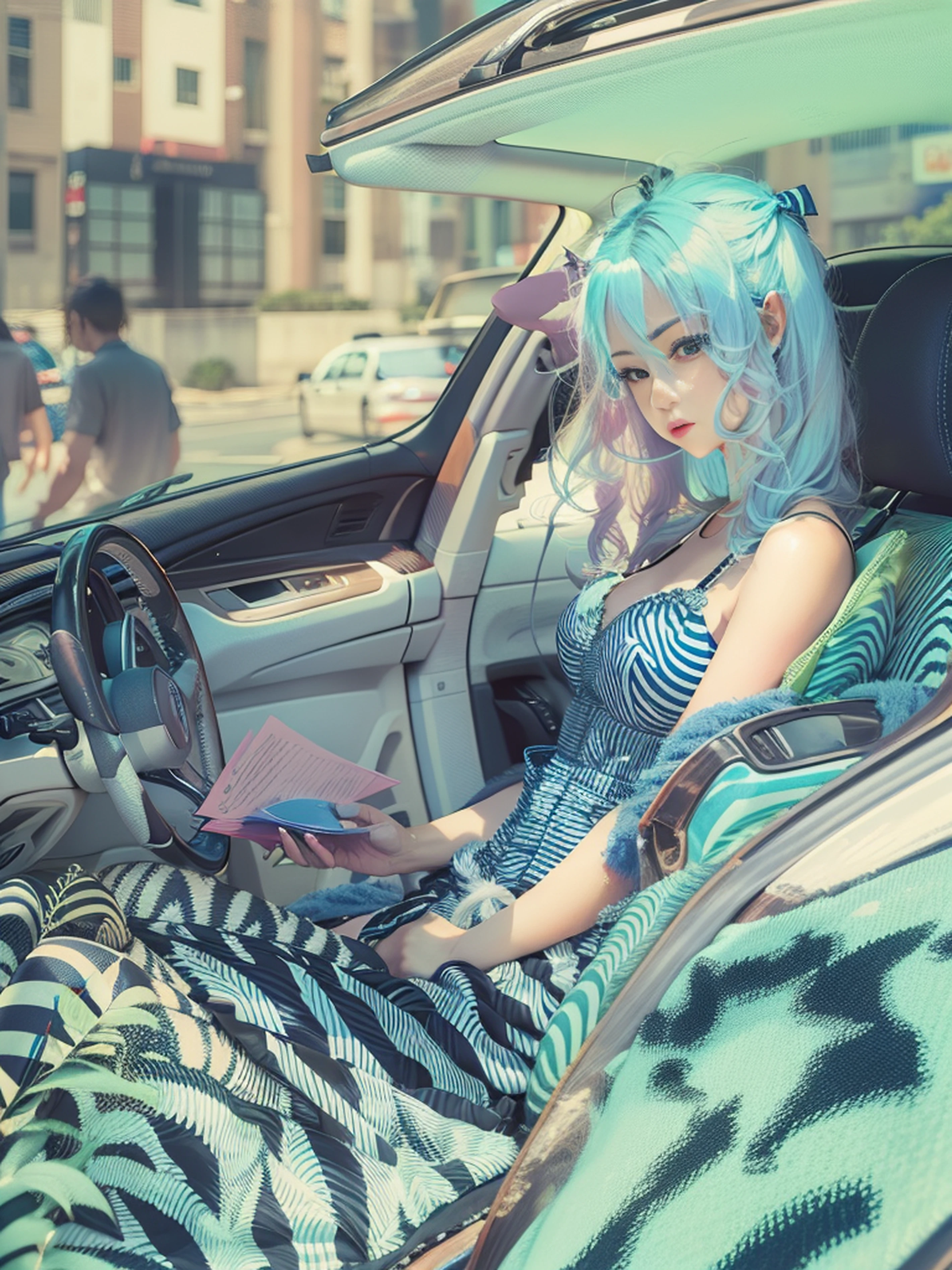 pastel \(Medium\), Blue hair, 1girl in, masutepiece, Arafe woman in zebra print dress sitting in car, A MILF, tiny black bra,