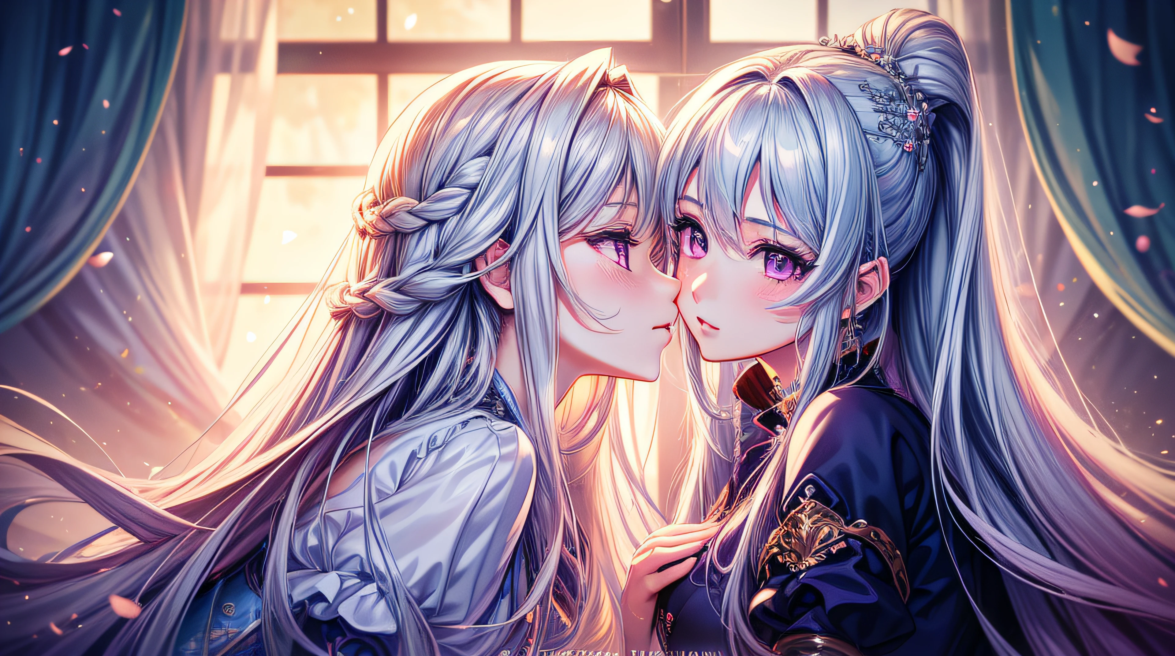 anime - style image of two women in a room with a window, kissing together cutely, kissing together, kissing each other, lovely kiss, fine details. two beautiful anime girls, white hair, purple eyes, glowing eyes, cute, kawaii, digital art, finely detailed eyes, embarrassed expression, long_hair, blushing, (highly detailed 8k wallpaper), best resolution, very_long_hair, masterpiece, best quality ,masterpiece, illustration, an extremely delicate and beautiful, extremely detailed ,CG ,unity ,8k wallpaper, Amazing, finely detail,huge filesize, ultra-detailed, highres, extremely detailed,beautiful detailed girl, extremely detailed eyes and face, beautiful detailed eyes,