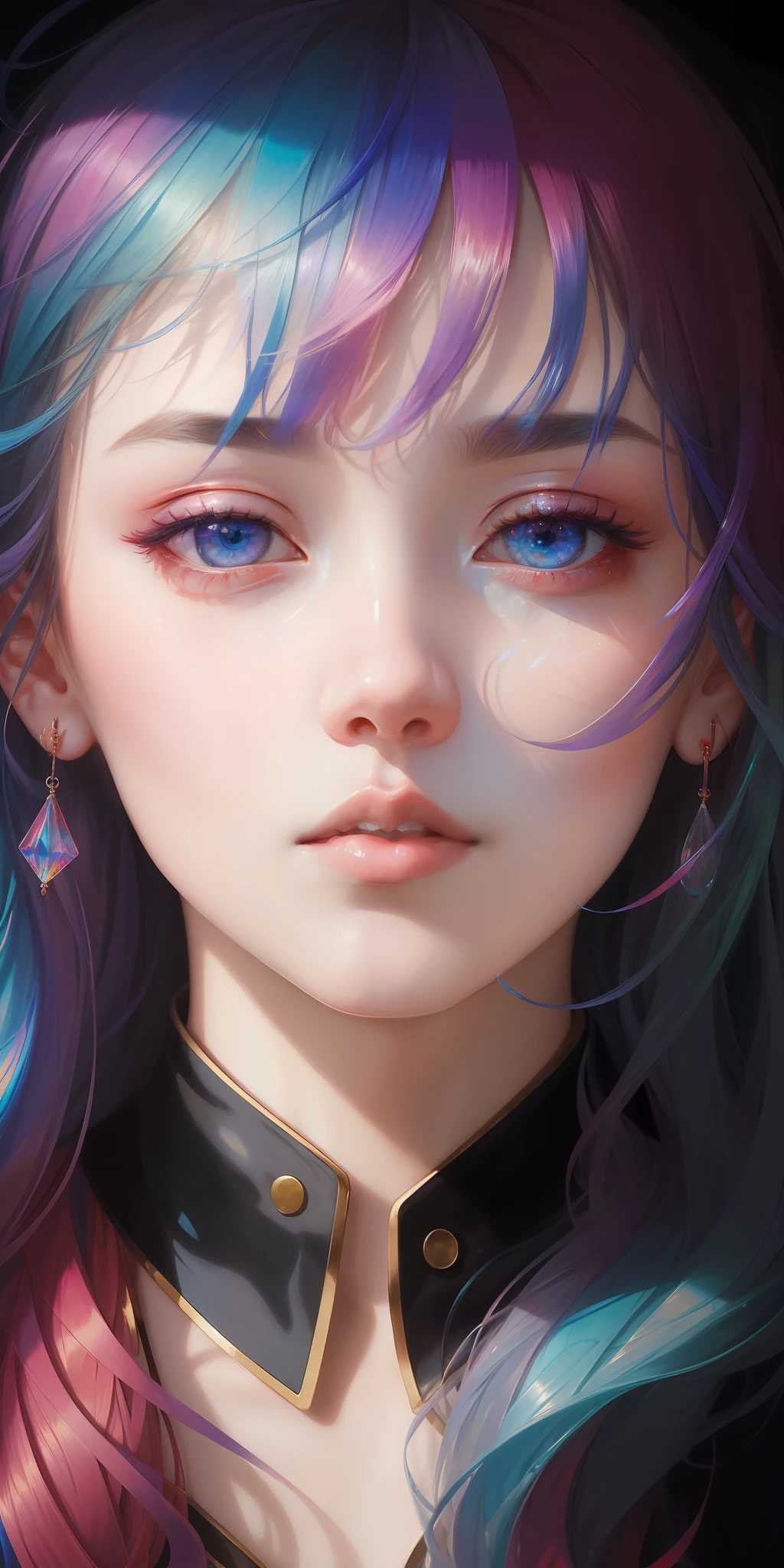 _james jean, floating female figure made of ribbons, smoke, in the sky, colorful and vibrant, mystical colors, contemporary impressionism, yanjun cheng portrait painting, iridescent painting, 3/4 perspective view, cute face, low angle, sweeping circling composition, large beautiful crystal eyes, big irises, UHD, HDR, 8K, (Masterpiece:1. 5), (the most beautiful portrait in the world:1.5)