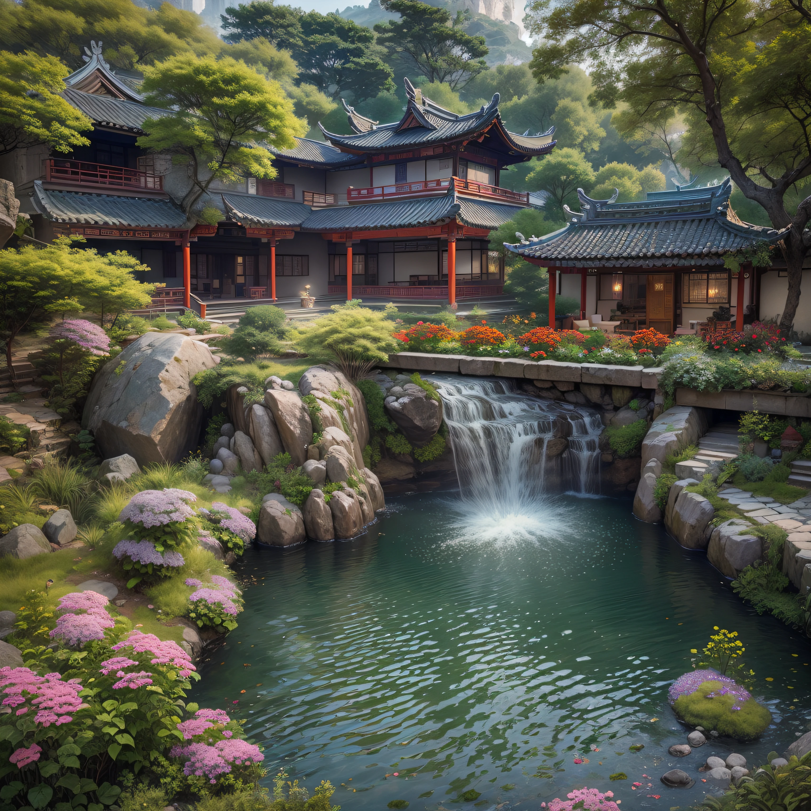 lakeside, ((waterfallr)), chinese mansion, Small rivers, Western-style garden, Garnish with flowers,detail-rich, A fusion of classic and modern, sonoko, Traditional elements, Modern design, Waterfront, luxury goods, Gorgeous, Pavilions, courtyard, Traditional Chinese roof, Modern interior decoration, Garden landscape, Original photos, wide lens shot, high resolution, hdr, Exquisite, k hd, 8K, Masterpieces, Artistry, magnifica, meticulous craftsmanship, Modern facilities, Seamless integration, Harmonious atmosphere, everlasting,Picturesque, (8K, RAW photo, Best quality, Masterpiece :1.2), (Realistic, photograph realistic :1.3)