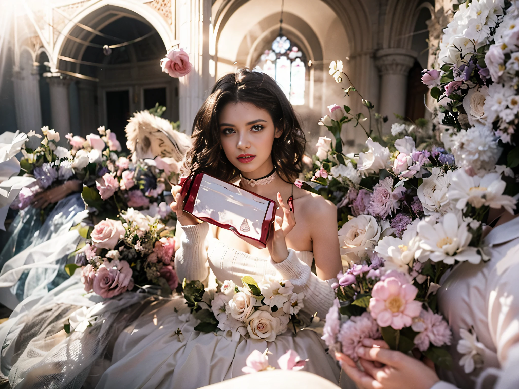 A house full of pink roses, Pink roses filled the girl's side, lightand shade contrast, Strong light shines on the girl's body,at the terrace, Flower-filled environment, (Photorealistic:1.4), 1 European and American girls, Black color hair, Holding a white box in his hand,Girl in white wedding dress,Wear a white wedding sweater, Background of outdoor church, Solo, Exquisite facial features, Earrings, choker necklace, Skirt, Stand, Indoors, Masterpiece,Best quality