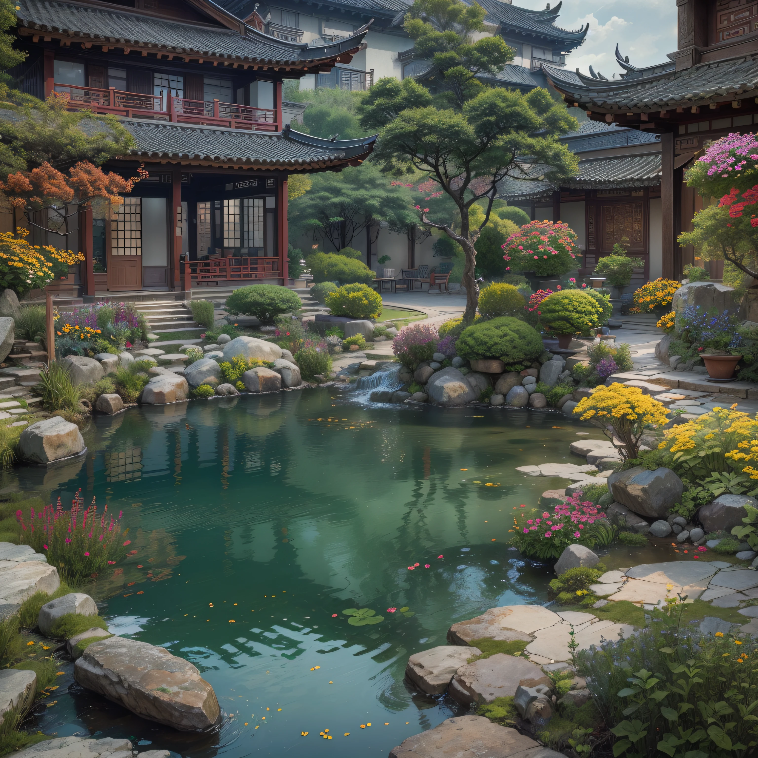 lakeside, ((waterfallr)), chinese mansion, Small rivers, Western-style garden, Garnish with flowers,detail-rich, A fusion of classic and modern, sonoko, Traditional elements, Modern design, Waterfront, luxury goods, Gorgeous, Pavilions, courtyard, Traditional Chinese roof, Modern interior decoration, Garden landscape, Original photos, wide lens shot, high resolution, hdr, Exquisite, k hd, 8K, Masterpieces, Artistry, magnifica, meticulous craftsmanship, Modern facilities, Seamless integration, Harmonious atmosphere, everlasting,Picturesque, (8K, RAW photo, Best quality, Masterpiece :1.2), (Realistic, photograph realistic :1.3)