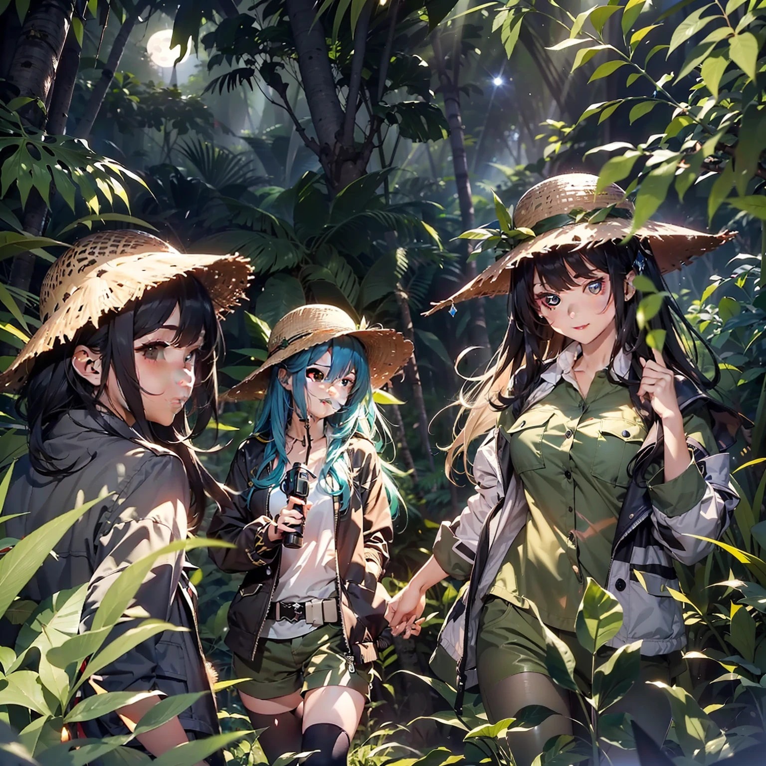 (Jungle Adventure):1.3、(Deep in the jungle):1.5、((In the dense rainforest, the sun does not reach and the grass is cleared without a path))、(３Adult Beauty):2、(((An expedition team consisting of adult beauties with black hair in safari hats and safari jackets walk in formation through the forest))):1.5、(The dim):1.3、(rays of moonlight):1.3、(dark):1.3、Accompanying photo、(I met a sparkly object that I had never seen before):1.5