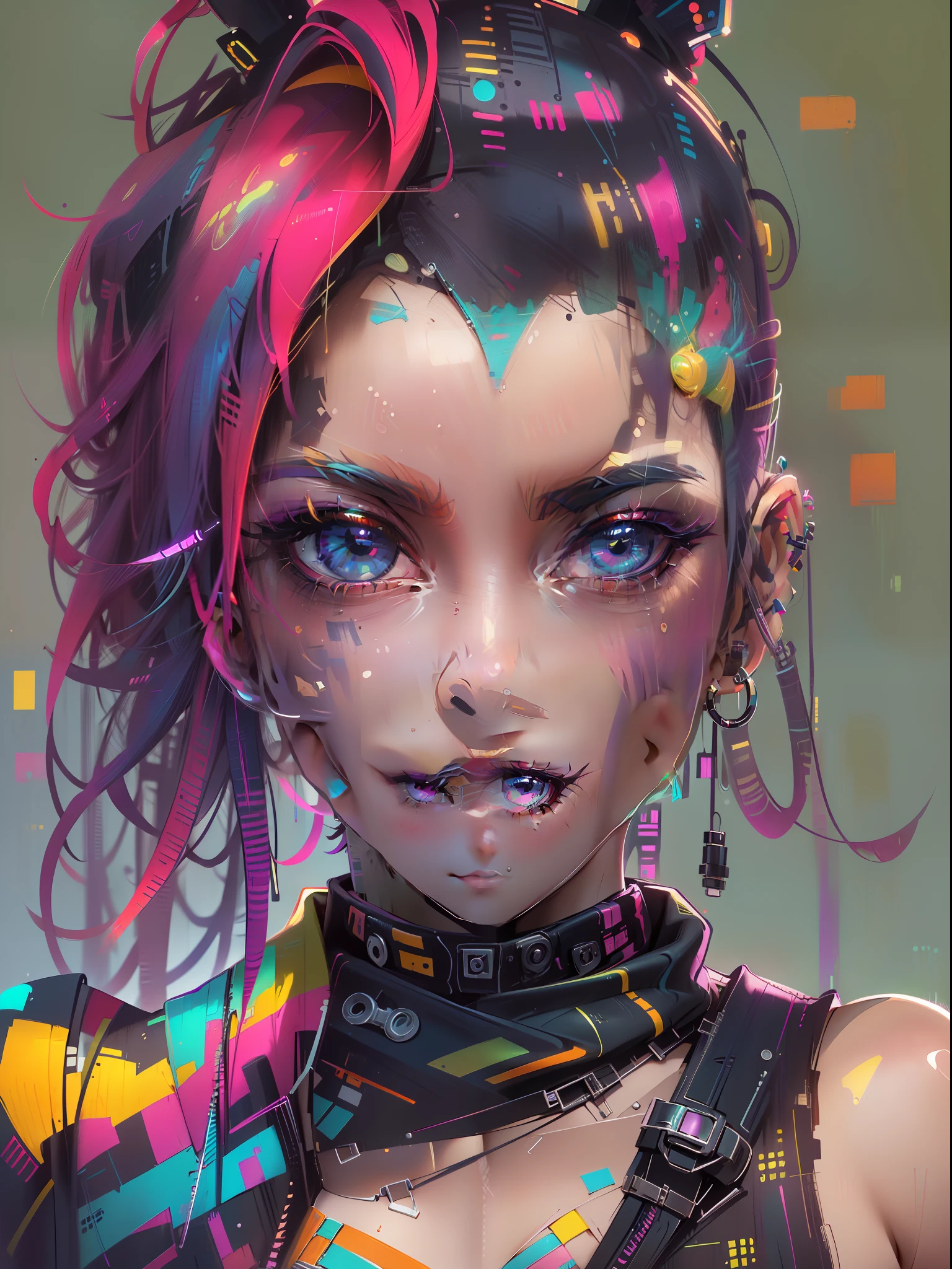 1Menina, no clube, Estilo cyberpunk, rainbow hair, sorriso maldoso, segurando uma katana, High cut swimsuit, pupilas amarelas,cybernetic skin, jaqueta samurai