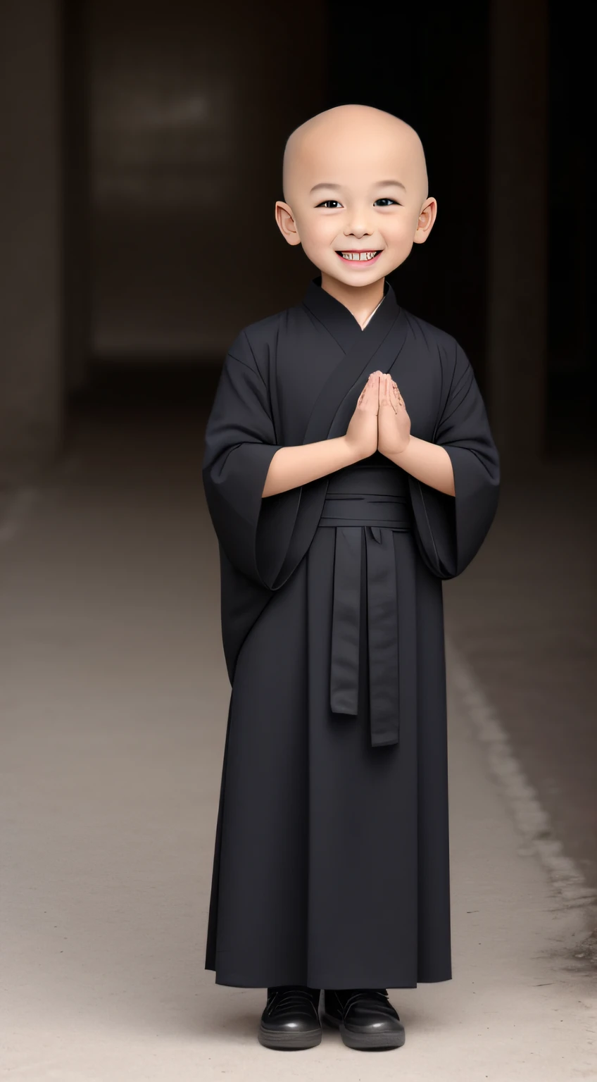 (tmasterpiece), (Need), (super-fine), (s whole body:1.2), A three-year-old little monk,The round face has big eyes,His nose was slightly upturned,There is always a sweet smile on the mouth,It looks very cute。 The little monk wears a loose black cassock,It is embroidered with a golden Buddha image and scriptures The little monk is bald,It seems particularly spiritual。 He did it there,Fold your hands,With a smile,As if silently praying。The whole person looks cute,People can't help but want to hug him。ultra-wide-angle, 8K, k hd, true to life