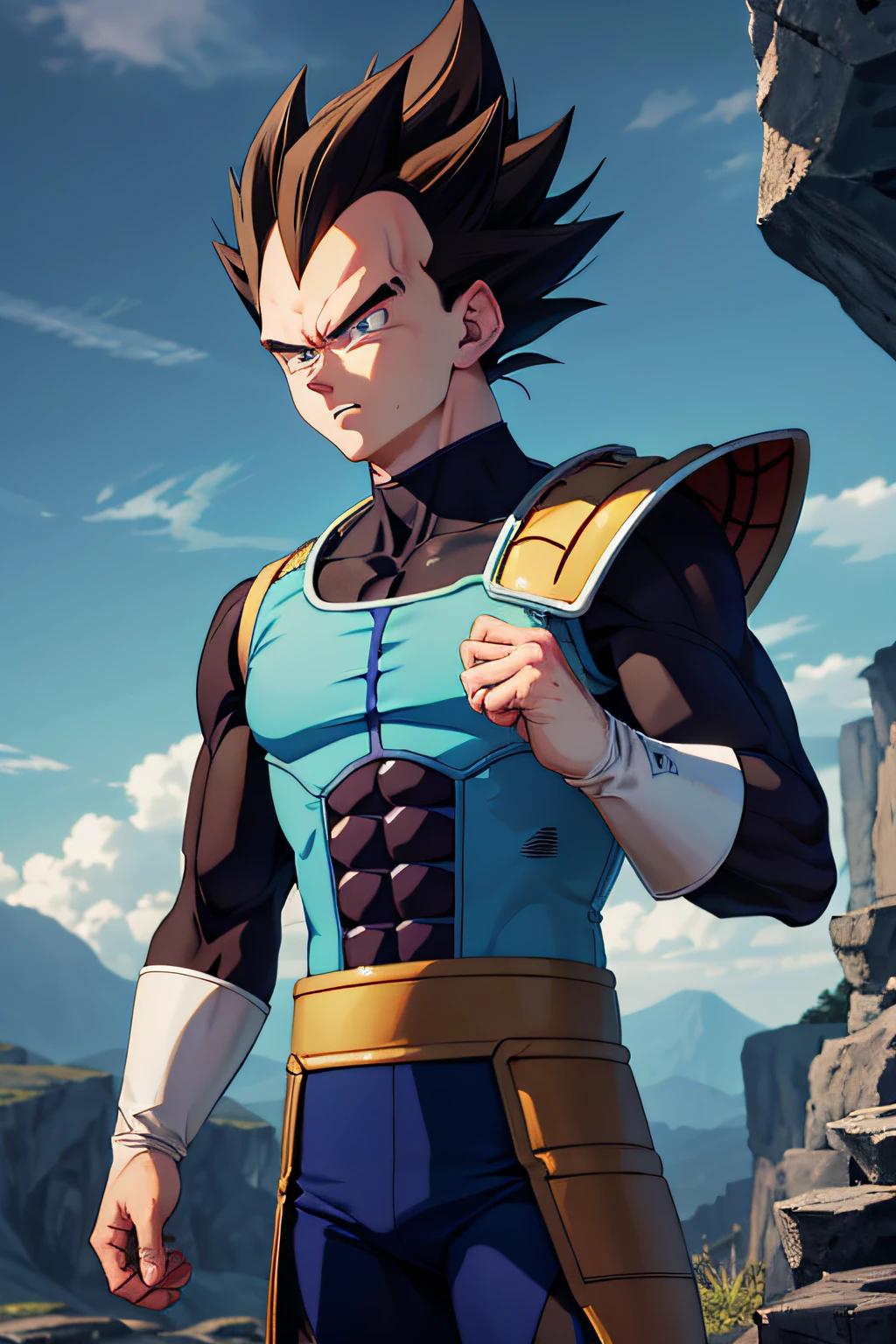 （tmasterpiece，best qualtiy：1.2），独奏，malefocus，1boys，Vegeta，serious，looking at viewert，Black spiked hair，Black eyes，armour，Thunderstorm background，SuperSaiyan，wounded，Clothes are torn