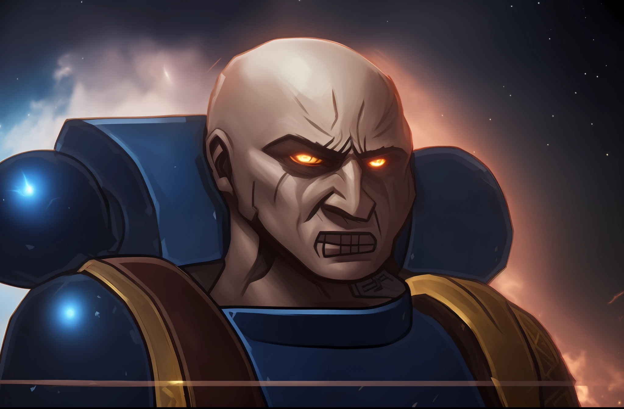 A marine space, em Armadura de poder, He's crying in anger, his armor is blue, He's bald