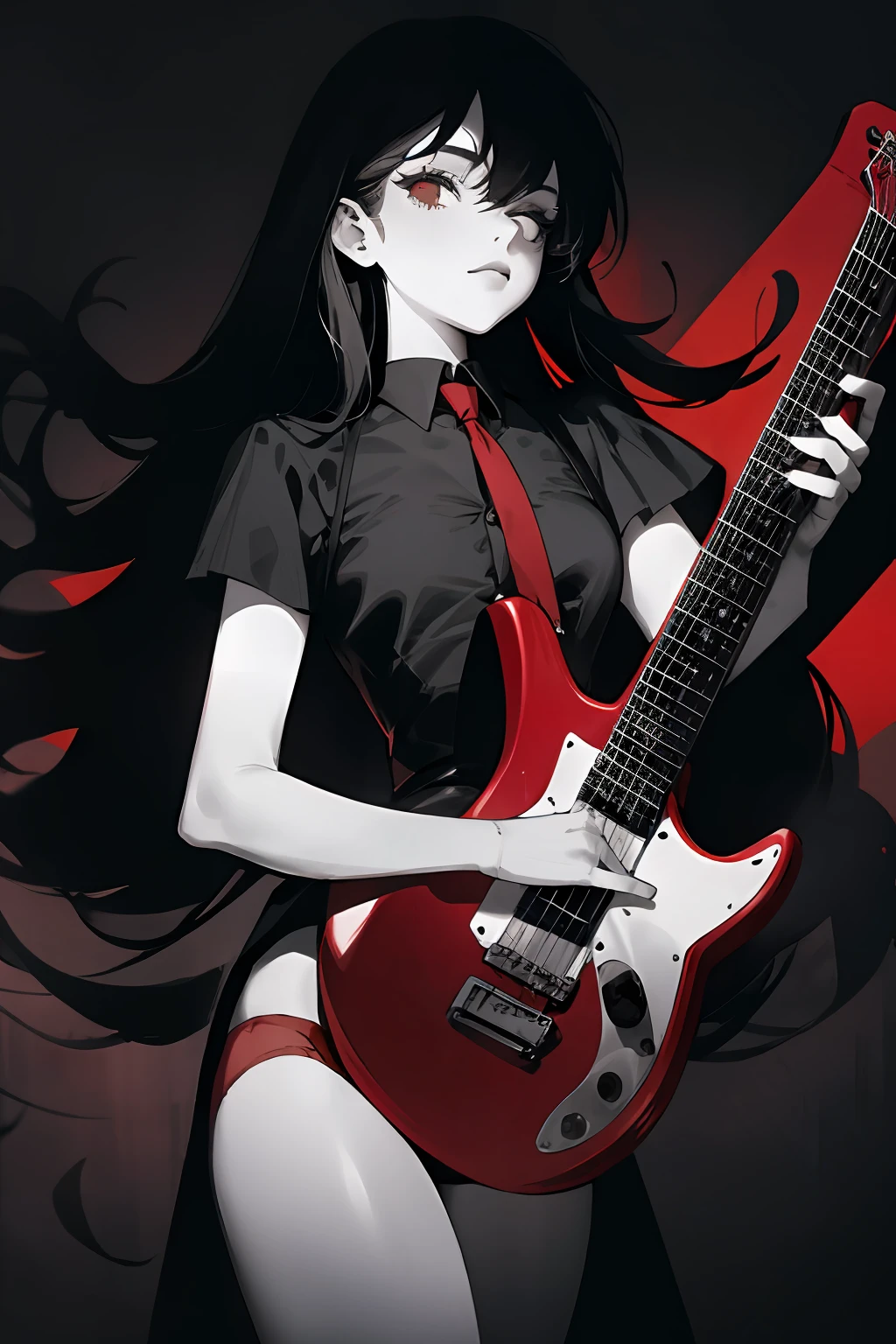 (masterpiece, best quality), 1girl, yo, realistic, black dress, red tie, goth, (red panties), upskirt, (red electric guitar), standing, vibrant colors, abstract background, lines geometric, night, dark theme, high contrast, deep shadows