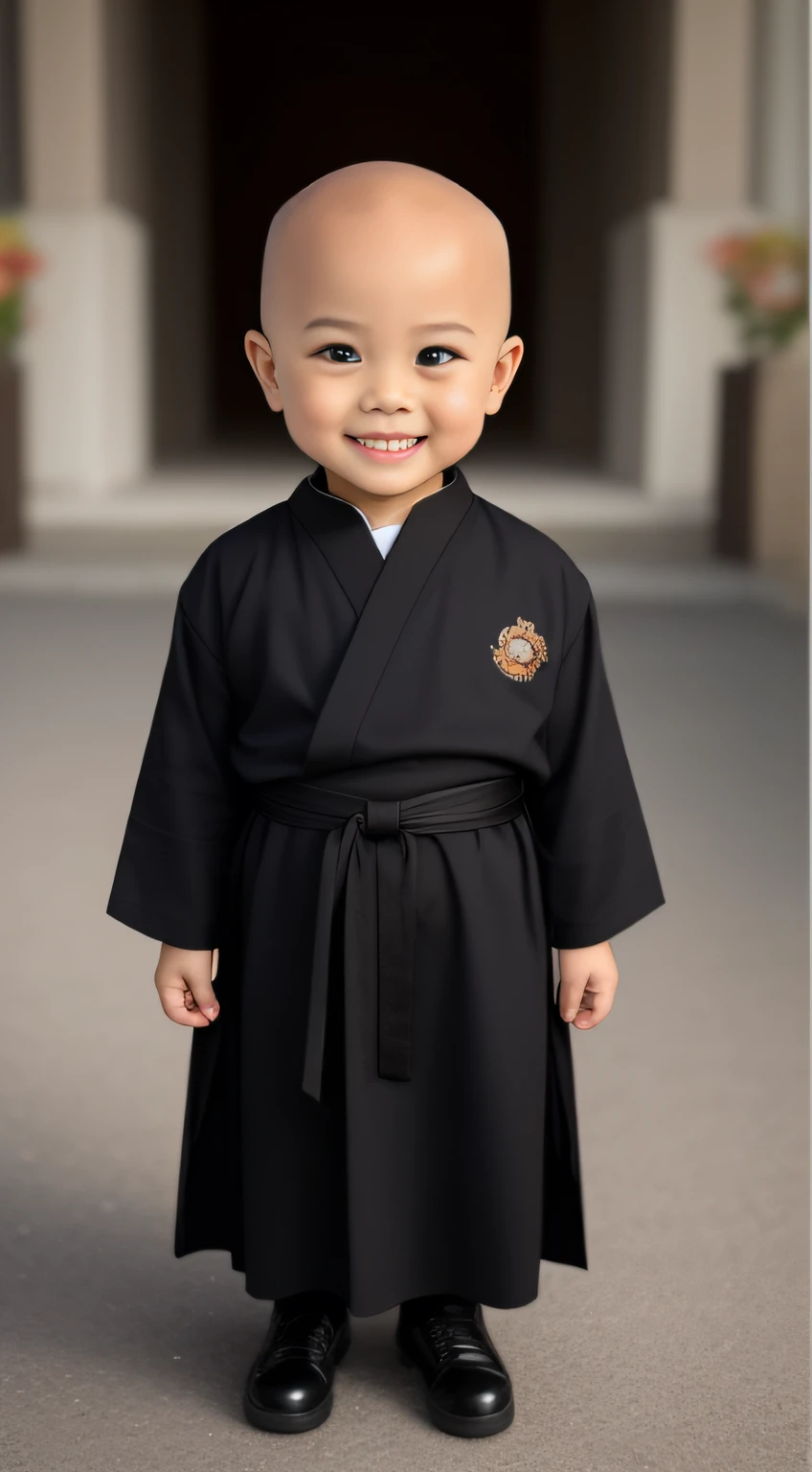 (tmasterpiece), (Need), (super-fine), (s whole body:1.2), A -year-littlonk,The round face has big eyes,His nose was slightly upturned,There is always a sweet smile on the mouth,It looks very cute。 The little monk wears a loose black cassock,It is embroidered with a golden Buddha image and scriptures The little monk is bald,It seems particularly spiritual。 He did it there,Fold your hands,With a smile,As if silently praying。The whole person looks cute,People can't help but want to hug him。ultra-wide-angle, 8K, k hd, true to life