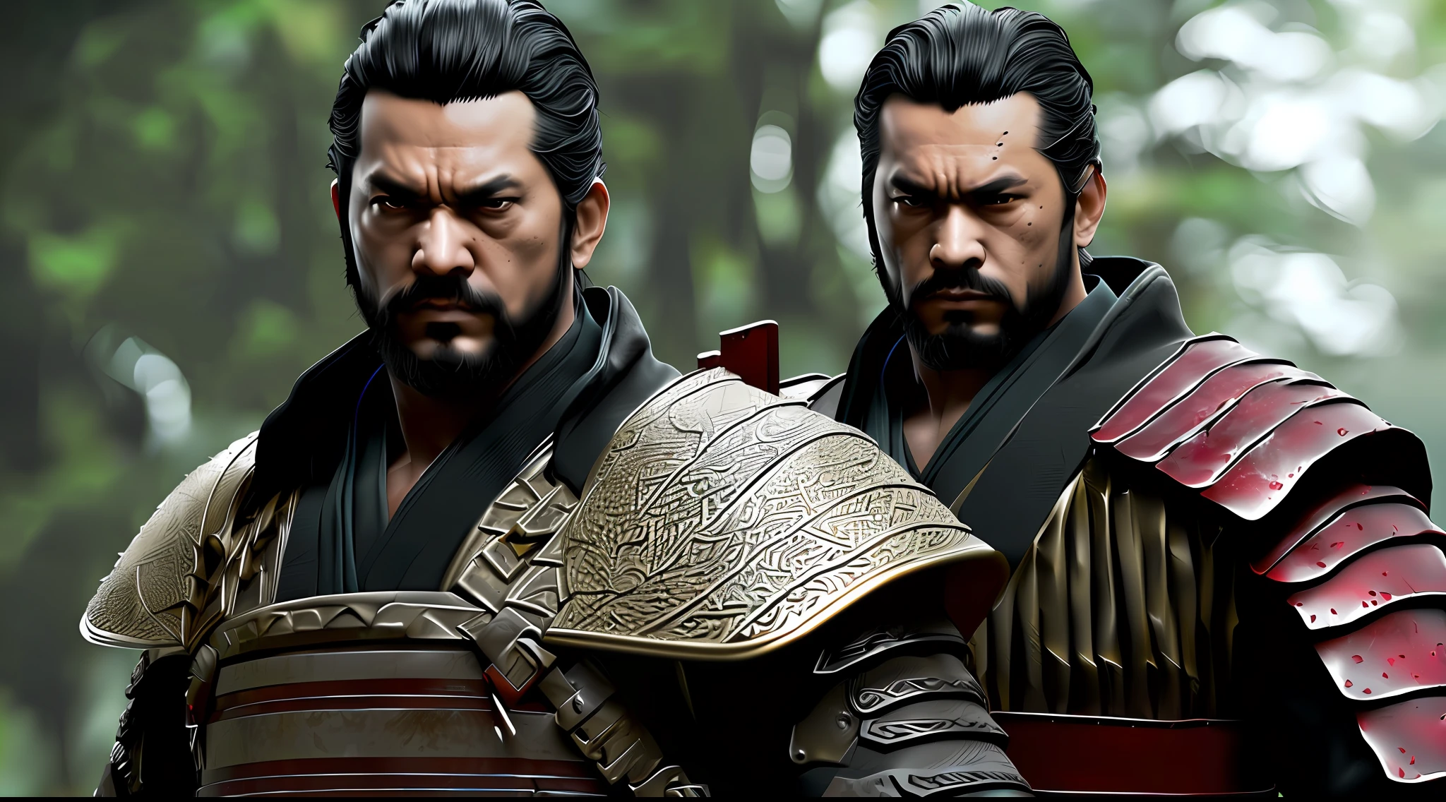 Retrato de um velho 70 anos de idade, dourado dieselpunk velho samurai, epic realistic, cinemactic, dramatic, cores mudas, medium, nebuloso, artstation, floresta, ultra HD, 12 k, cinematico --auto