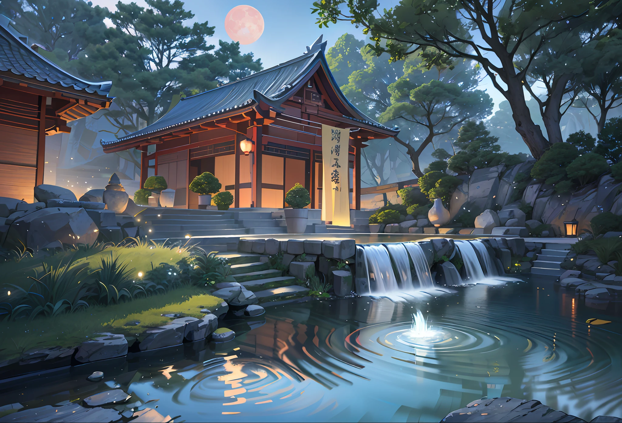 Ancient Chinese architecture, moon, midnight, garden, bamboo, lake, stone bridge, rockery, arch, corner, tree, running water, landscape, outdoor, waterfall, grass, rock, water lily, hot spring, water vapor, (Illustration: 1.0), Epic composition, realistic lighting, HD details, masterpiece, best quality, (very detailed CG unity 8k wallpaper), (very detailed CG unity 8k wallpaper), (very detailed CG unity 8k wallpaper), (very detailed CG unity 8k wallpaper), (very detailed CG unity 8k wallpaper), (very detailed CG unity 8k wallpaper), (very detailed CG unity 8k wallpaper), (very detailed CG unity 8k wallpaper), (very detailed CG unity 8k wallpaper), wallpaper (best quality) --v 6