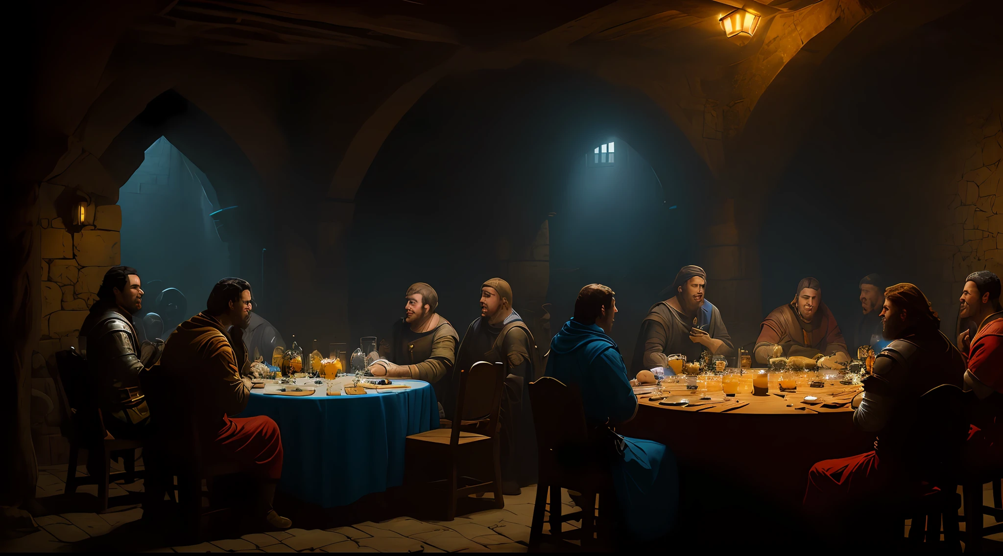 medieval tavern with several round tables and men drinking and laughing, epic realistic, smooth cinematic image, adobe lightroom, photographic lab, altamente detalhado, desbotado, arte de greg rutkowski e artgerm ,cores neutras: 1,2), (hdr: 1,4) , (cores suaves:1.2), hiperdetalhado, (artstation:1.4), cinemactic, luzes quentes, dramatic light, (detalhes intrincados:1.1), fundo complexo, (rutkowski:0.66), (azul e laranja:0.4