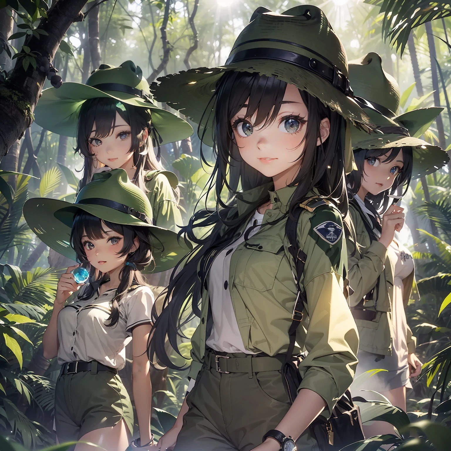 (Jungle Adventure):1.3、(Deep in the jungle):1.5、((In the dense rainforest, the sun does not reach and the grass is cleared without a path))、(3Adult Beauty):2、(((An expedition team consisting of adult beauties with black hair in safari hats and safari jackets walk in formation through the forest))):1.5、(The dim):1.3、(rays of moonlight):1.3、(dark):1.3、Accompanying photo、Encountering a sparkly object that you have never seen before