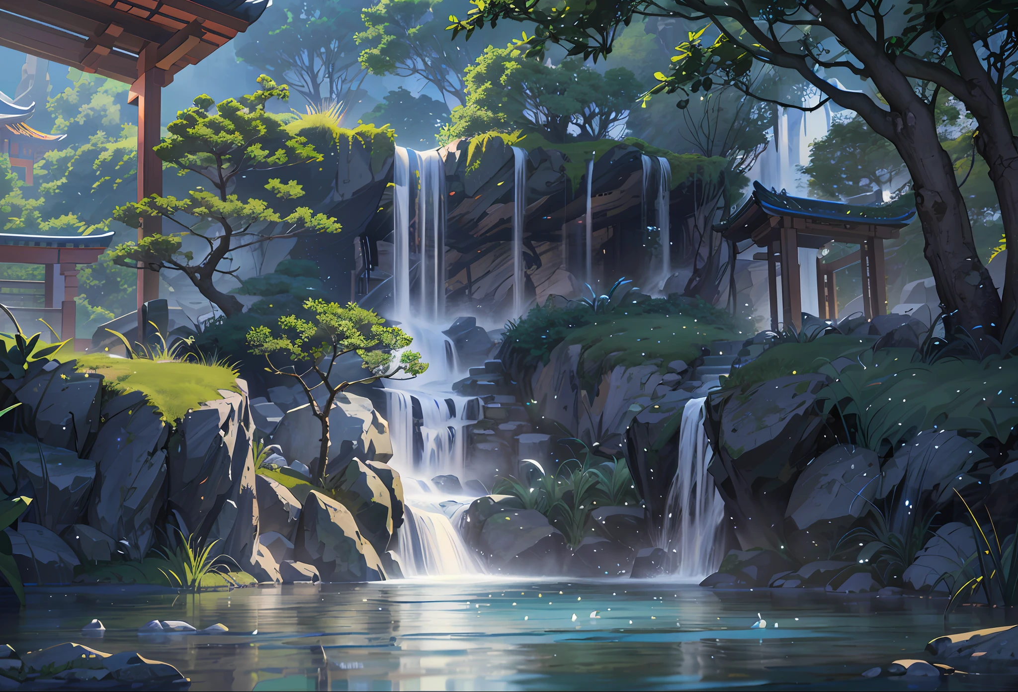 Ancient Chinese architecture, moon, midnight, garden, bamboo, lake, stone bridge, rockery, arch, corner, tree, running water, landscape, outdoor, waterfall, grass, rock, water lily, hot spring, water vapor, (Illustration: 1.0), Epic composition, realistic lighting, HD details, masterpiece, best quality, (very detailed CG unity 8k wallpaper), (very detailed CG unity 8k wallpaper), (very detailed CG unity 8k wallpaper), (very detailed CG unity 8k wallpaper), (very detailed CG unity 8k wallpaper), (very detailed CG unity 8k wallpaper), (very detailed CG unity 8k wallpaper), (very detailed CG unity 8k wallpaper), (very detailed CG unity 8k wallpaper), wallpaper (best quality) --v 6