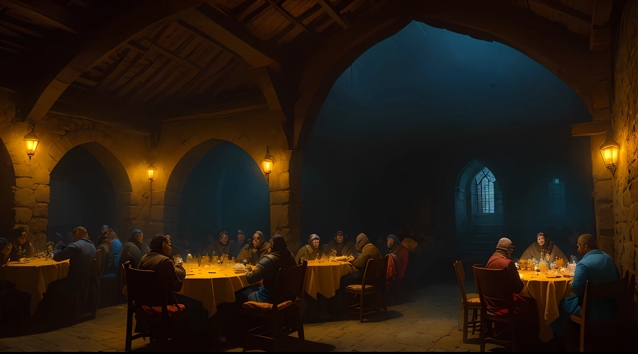medieval tavern with several round tables and men drinking and laughing, epic realistic, smooth cinematic image, adobe lightroom, photographic lab, altamente detalhado, desbotado, arte de greg rutkowski e artgerm ,cores neutras: 1,2), (hdr: 1,4) , (cores suaves:1.2), hiperdetalhado, (artstation:1.4), cinemactic, luzes quentes, dramatic light, (detalhes intrincados:1.1), fundo complexo, (rutkowski:0.66), (azul e laranja:0.4