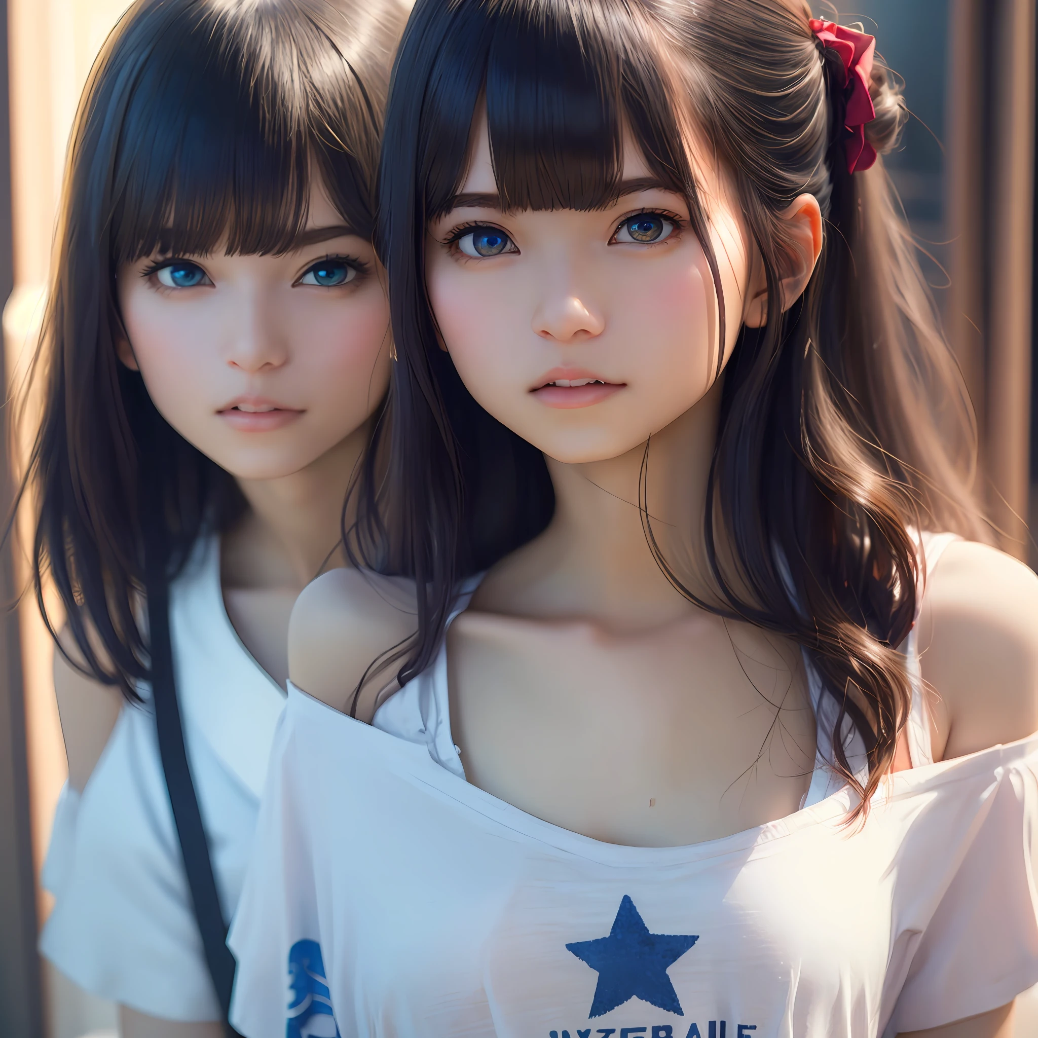 (photorealistic:1.4), (masterpiece, side dim light, finely detailed beautiful eyes: 1.2), masterpiece*portrait, realistic, 3d face, Stelle \(honkai star rail\), 1girl, white oversize T-shirt, bare shoulder, universe, rail, bangs, blush, shy, lustful eyes, medium long hair, looking at viewer, gasp, medium breasts --auto