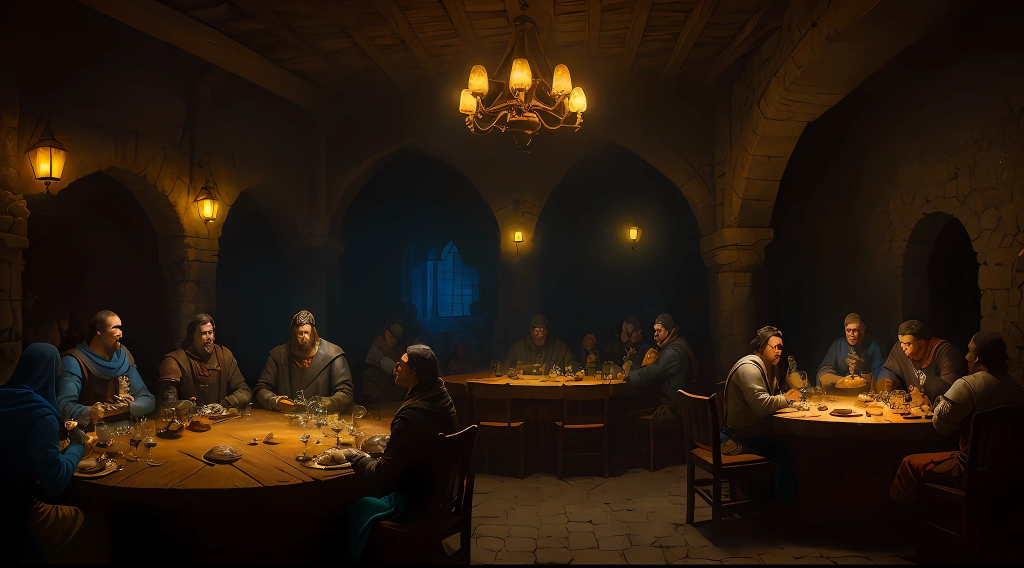 medieval tavern with several round tables and men drinking and laughing, epic realistic, smooth cinematic image, adobe lightroom, photographic lab, altamente detalhado, desbotado, arte de greg rutkowski e artgerm ,cores neutras: 1,2), (hdr: 1,4) , (cores suaves:1.2), hiperdetalhado, (artstation:1.4), cinemactic, luzes quentes, dramatic light, (detalhes intrincados:1.1), fundo complexo, (rutkowski:0.66), (azul e laranja:0.4