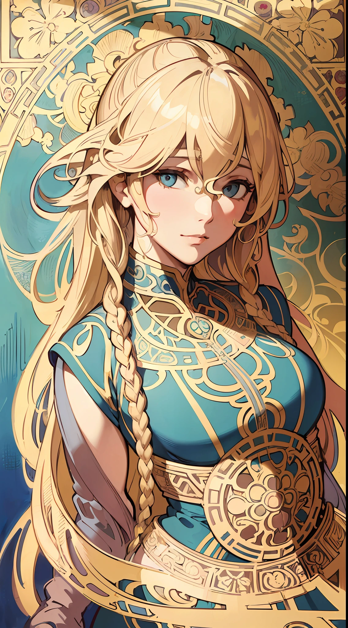 face portrait of a European female , long curly hair, blond, floral frame, Decorative panels, abstract
artistic, by Alphonse Mucha
(Masterpiece, Best Quality, Highres:1.4), Detailed, Intricate Details, 4K, color splashes, line art, fibonacci,