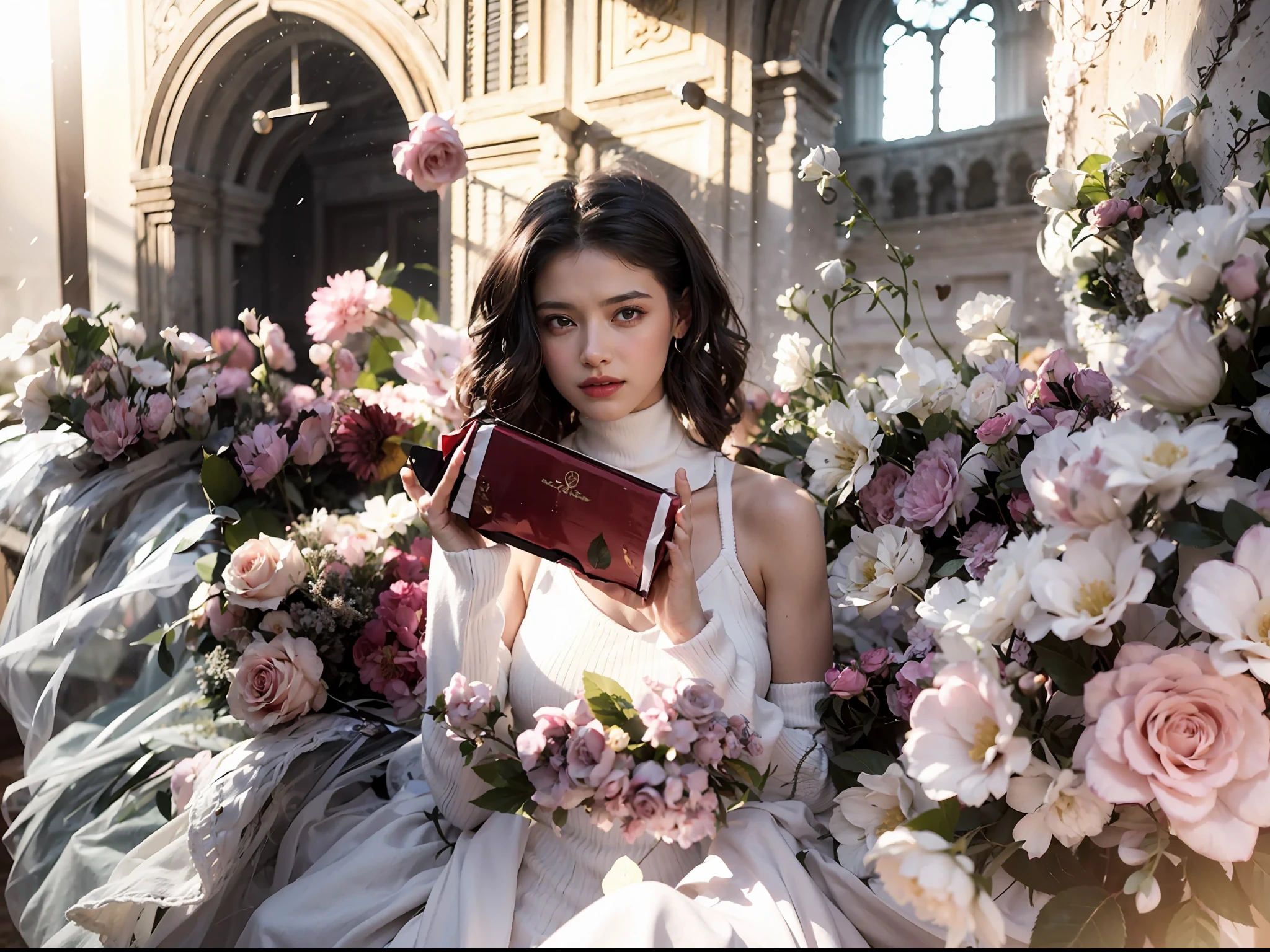 A house full of pink roses, Pink roses filled the girl's side, lightand shade contrast, Strong light shines on the girl's body,at the terrace, Flower-filled environment, (Photorealistic:1.4), 1 European and American girls, Black color hair, Holding a white box in his hand,Girl in white wedding dress,Wear a white wedding sweater, Background of outdoor church, Solo, Exquisite facial features, Earrings, choker necklace, Skirt, Stand, Indoors, Masterpiece,Best quality