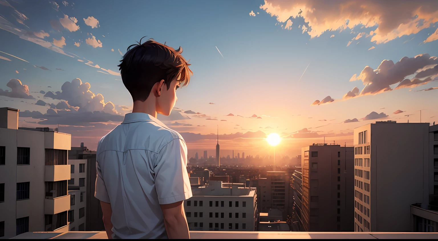 with blue sky and white clouds,the setting sun,Contre-Jour,Boy back,Buildings