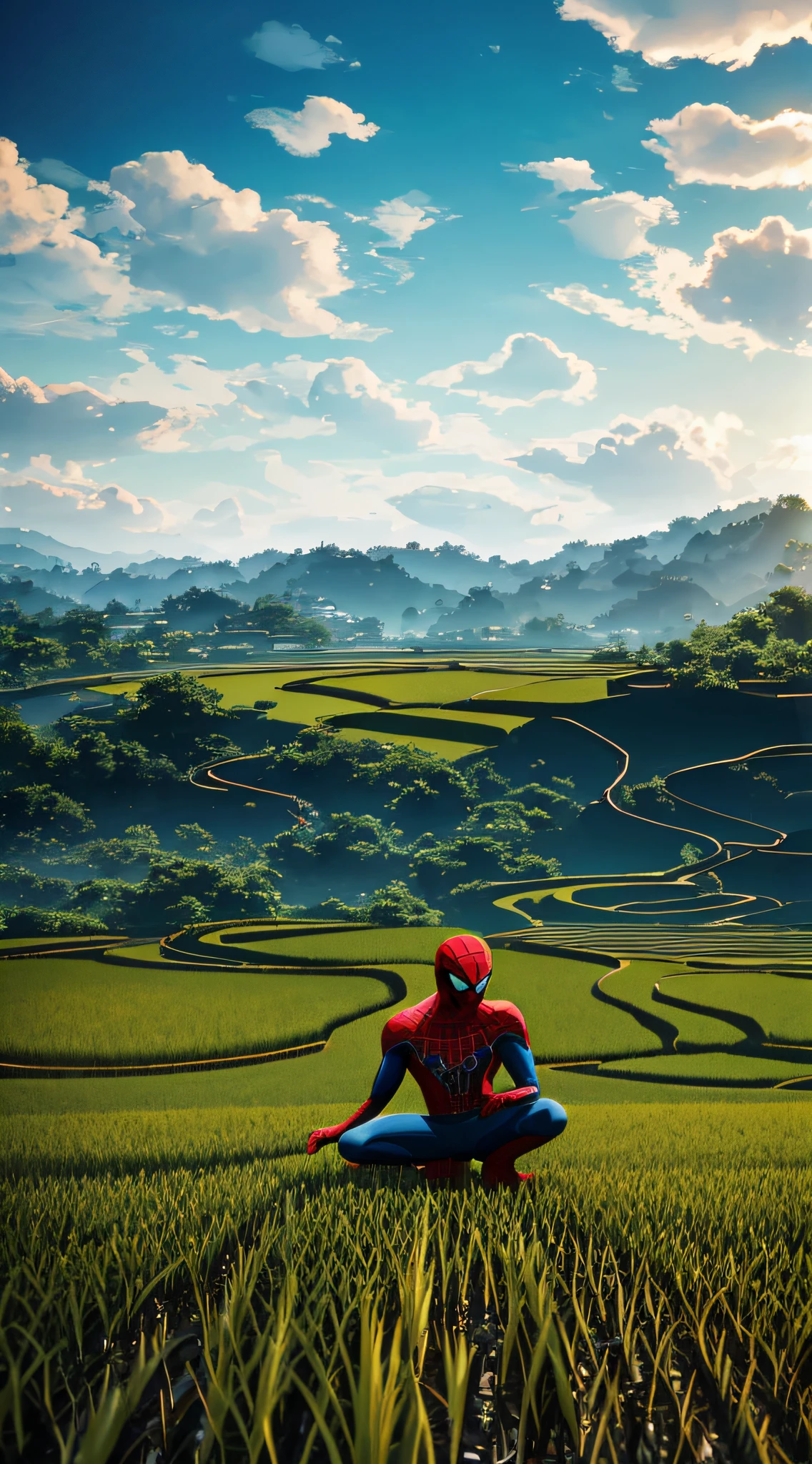 Spider-Man grows rice in a field in the distance，A seedling in his hand，Large clouds、blue-sky、Rice fields，There are neat rice seedlings in the field，ln the forest，hillside，Quiet，Rustic，high definition detail、Hyper-detailing、cinematic ligh、ultra-realistic realism、Soft light、Deep field focus bokeh、Ray tracing and surrealism。 --v6
