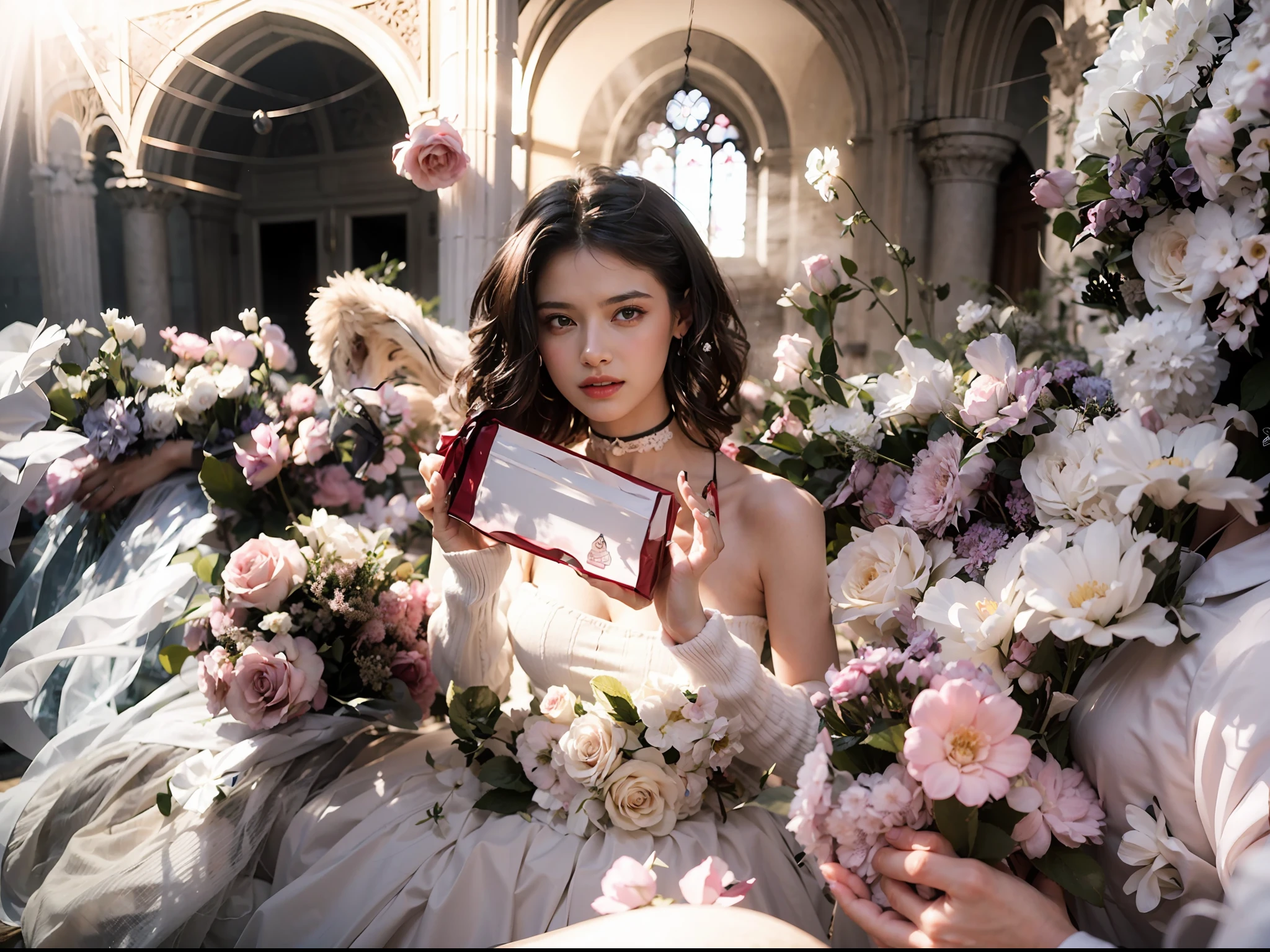 A house full of pink roses, Pink roses filled the girl's side, lightand shade contrast, Strong light shines on the girl's body,at the terrace, Flower-filled environment, (Photorealistic:1.4), 1 European and American girls, Black color hair, Holding a white box in his hand,Girl in white wedding dress,Wear a white wedding sweater, Background of outdoor church, Solo, Exquisite facial features, Earrings, choker necklace, Skirt, Stand, Indoors, Masterpiece,Best quality