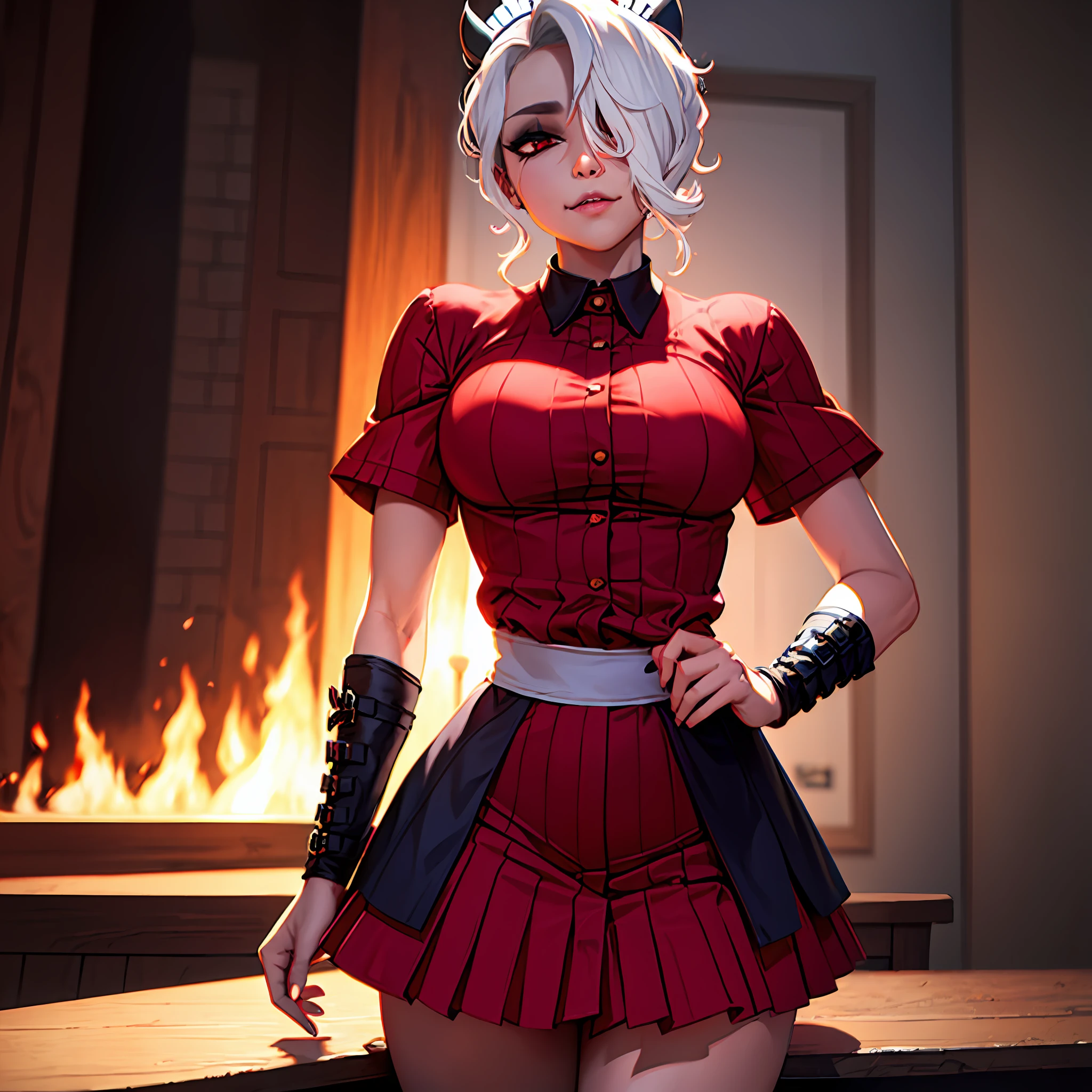 ((Extreme detailing)),(Ultra-detailed),(painting), chiaroscuro, extremely detailed CG unity 8k wallpaper, Best Quality, Portrait,treachery,hell,Fire in the background,Red shirt,Smokey Sky, full - body, (Maid costume),1girl, 独奏, solo girl, in full height, pantyhouse