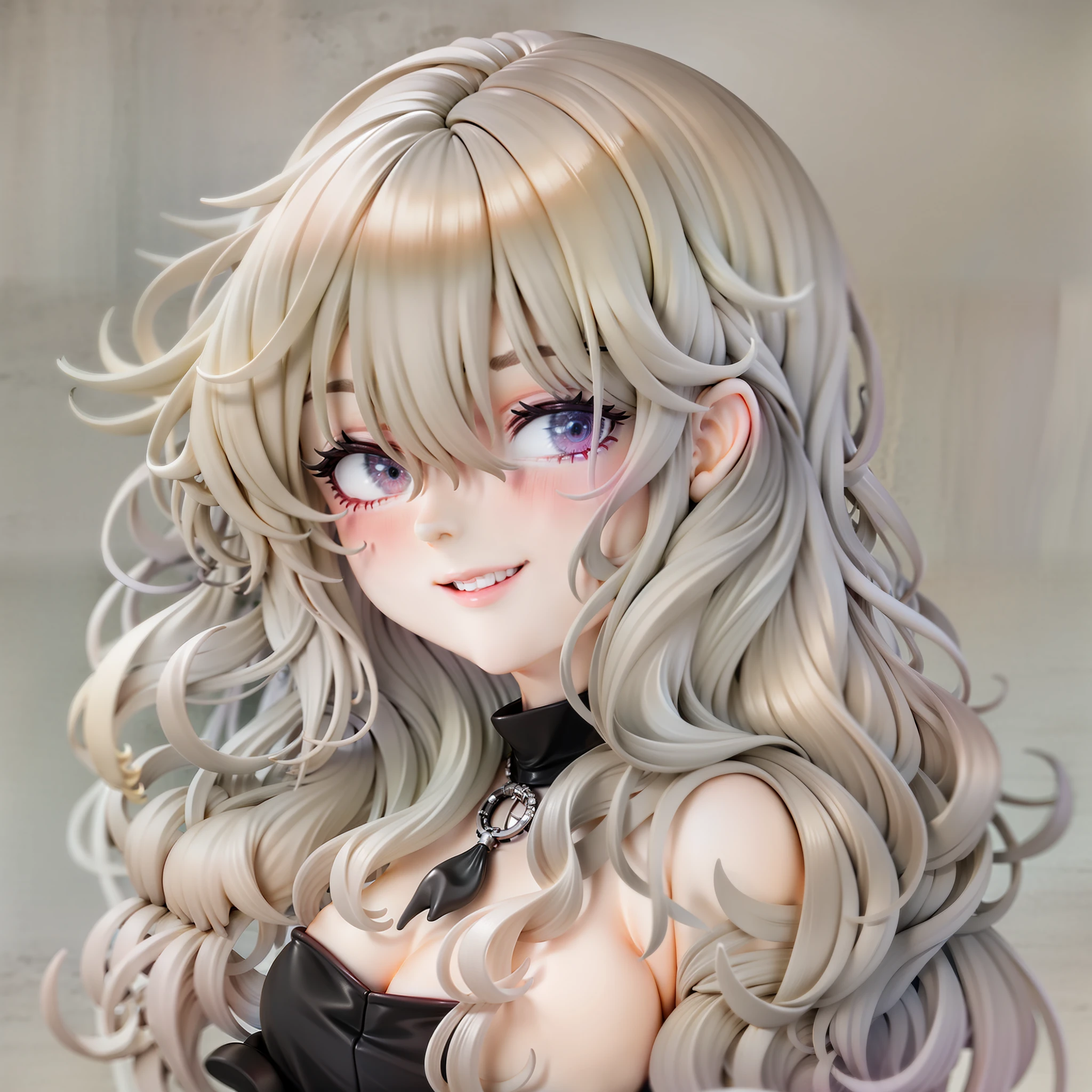 1girl , blondehair, long bangs, Wavy long hair, Gray eyes, Hair over one eye, v neck, seducting smile, erotick, Drop your bangs to the side, Chest exposed, Black dress coat, Black Flare Pants, black choker, fur drawchord, , elegent, upper body