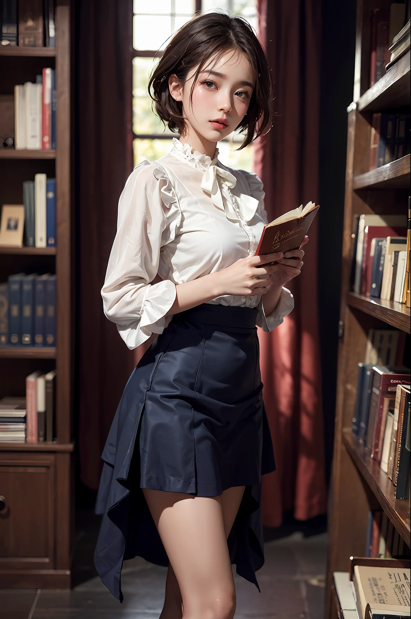 30-year-old woman with、(hi-top fade:1.3)、length hair、Dark theme、Soothing tones、Subdued Color、highly contrast、(natural skin textures、Hyper-Realism、Soft light、sharp)、Capture the serene beauty of a young woman immersed in the peaceful atmosphere of the library。Soft diffused lighting gently illuminates her features、Emphasis on her delicate expression、Creates a quiet atmosphere。Library shelves full of books、Provides a background of knowledge and wisdom。Focus on capturing the natural charm and elegance of models、Maintains the essence of calm and reflective moments。Lovely 21-year-old Japan gravure model with soft, wavy gray-brown hair adorned with ribbons、You will be captivated with a seductive look。(White blouse with ruffles、Blue skirt with ruffles、I'm wearing white ankle socks with ruffles。Standing in front of a bookshelf、Exudes a melancholic charm)、Create a scene where beauty and ephemerality intertwine。