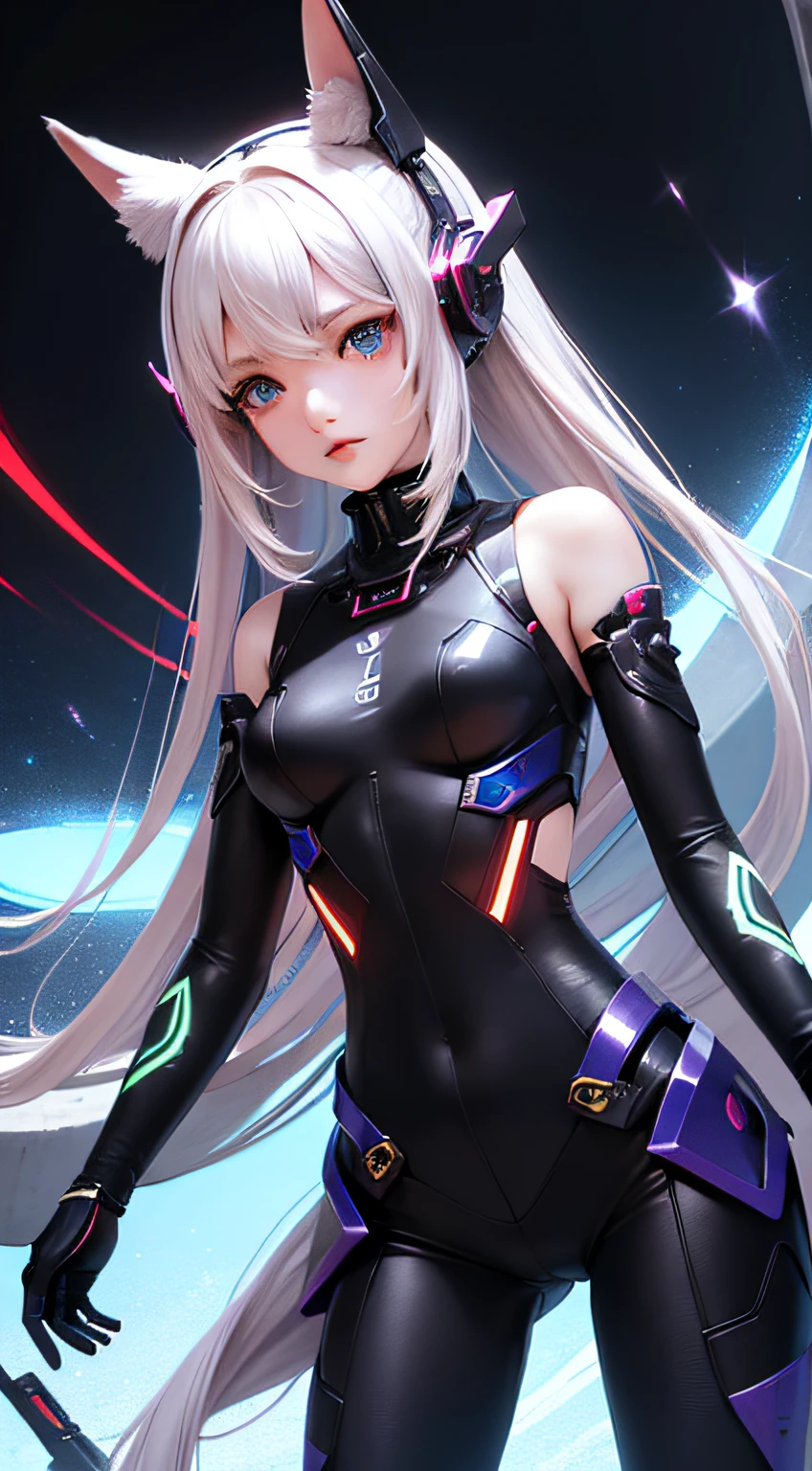 female mecha，Raised sexy，Stand up，sense of science and technology，cyber punk perssonage，The face shape is a little cute，The eyes are a little bigger，There are heterochromatic beautiful pupils，horse tailed