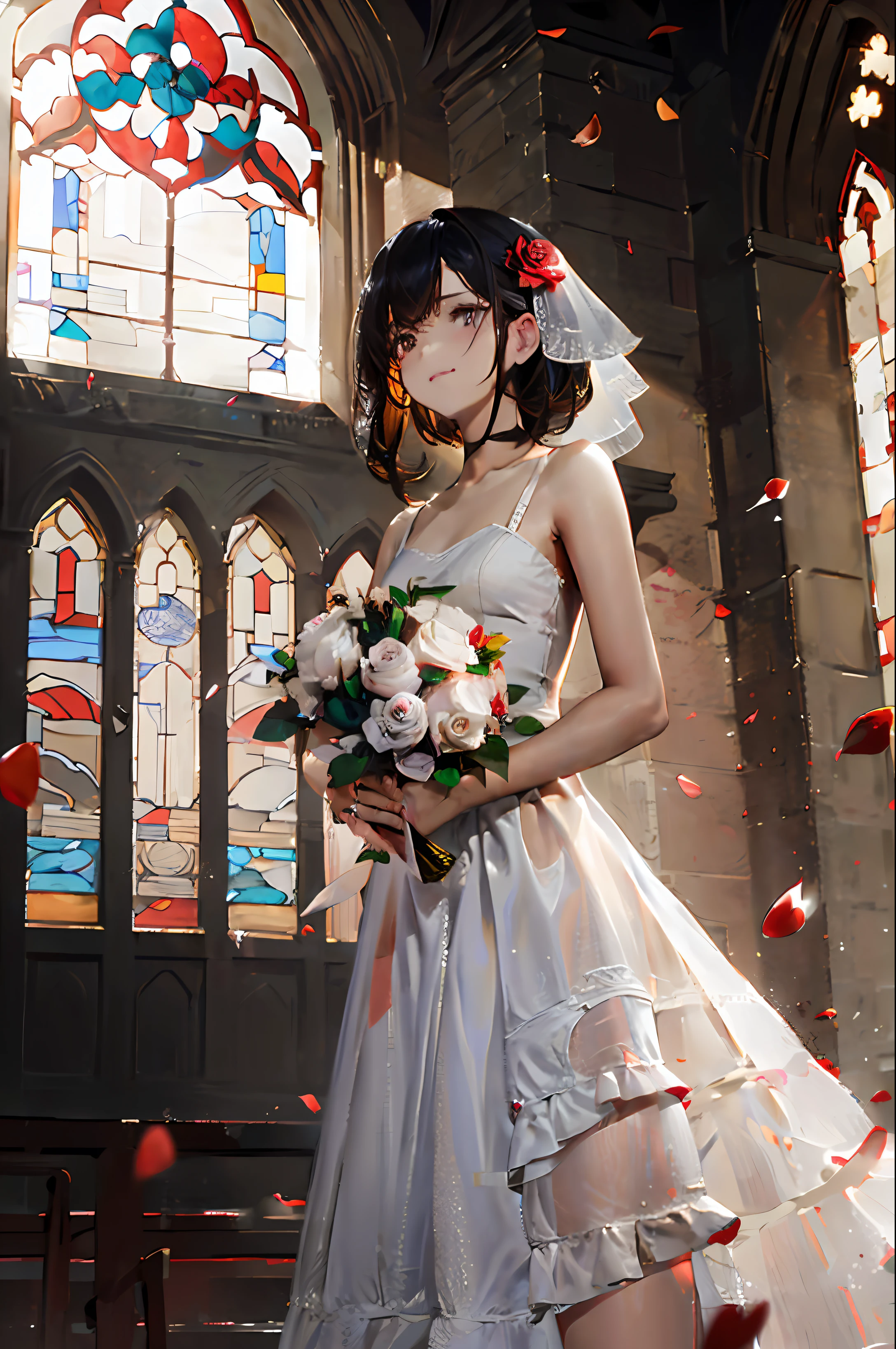 A maiden holding a bouquet: 1.2), wearing a wedding dress, dress translucent, bride, (wedding dress: 1.1), eyes glowing with floating hair, holding a bouquet, (faint smile: 1.3), magical girl, (church), stained glass background, (rose petals), fantasy, looking at the audience, (Particles: 0.7), Side Light, Tyndall Light, (Masterpiece, Flat Color, Color: 1.0), (Best Quality: 1.2), (High Accuracy: 1.1), 8K Resolution, Rich Detail, Perfect Light and Shadow, Clear Background, Noise Reduction