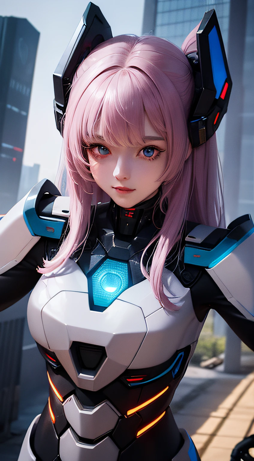 female mecha,Raised sexy,Stand up,sense of science and technology,cyber punk perssonage,The face shape is a little cute,The eyes are a little bigger,There are heterochromatic beautiful pupils,horse tailed