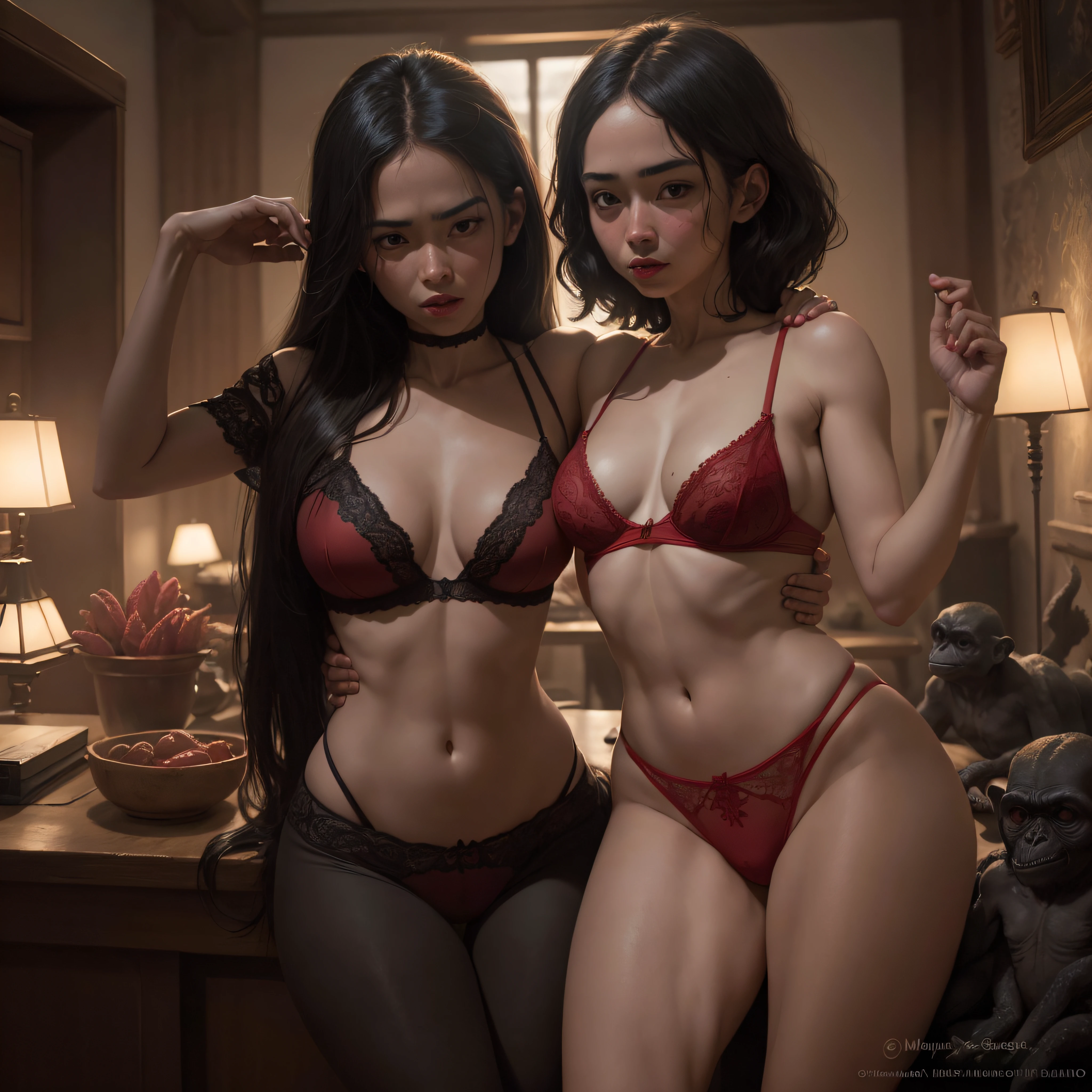 "((Obra maestra))(The best lighting, alto contraste, oscuro, dramatic, Acabado fotorrealista),(red lingerie),(mujer abraza a Cthulhu), viejos gritando, gorilas, Serpientes. Luz Caravaggio"