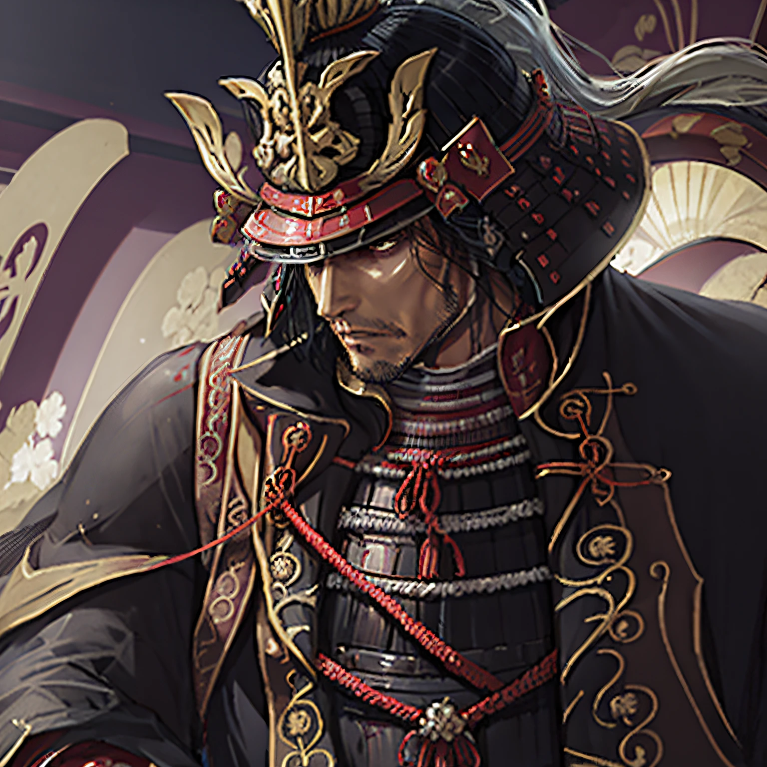 Oda Nobunaga, Honnoji Temple，Best quality，A half body, tmasterpiece，Handsome face，shelmet, Katana in hand