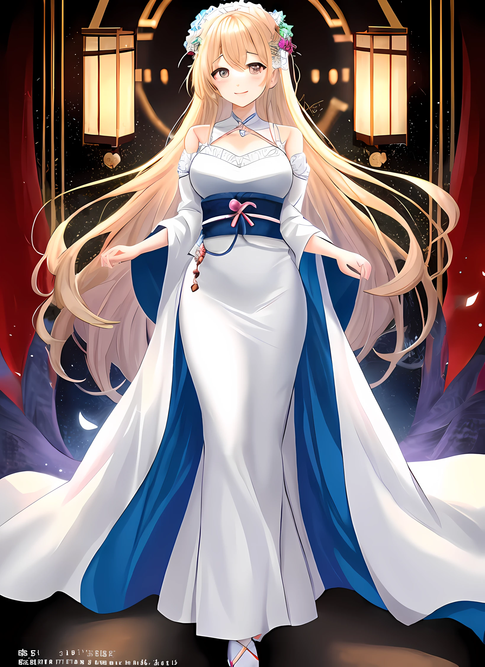 Create a full-body illustration in the style of a Japanese shōjo manga artist. The subject should be a 25-year-old woman exuding an atmosphere of happiness. She is wearing a pristine white wedding dress and has a beaming smile on her face. The color palette should consist of soft, delicate hues. Embellishments of hearts and ribbons should be incorporated throughout the artwork. The background should also reflect a bright, joyful ambiance that would appeal to fans of Japanese anime.
