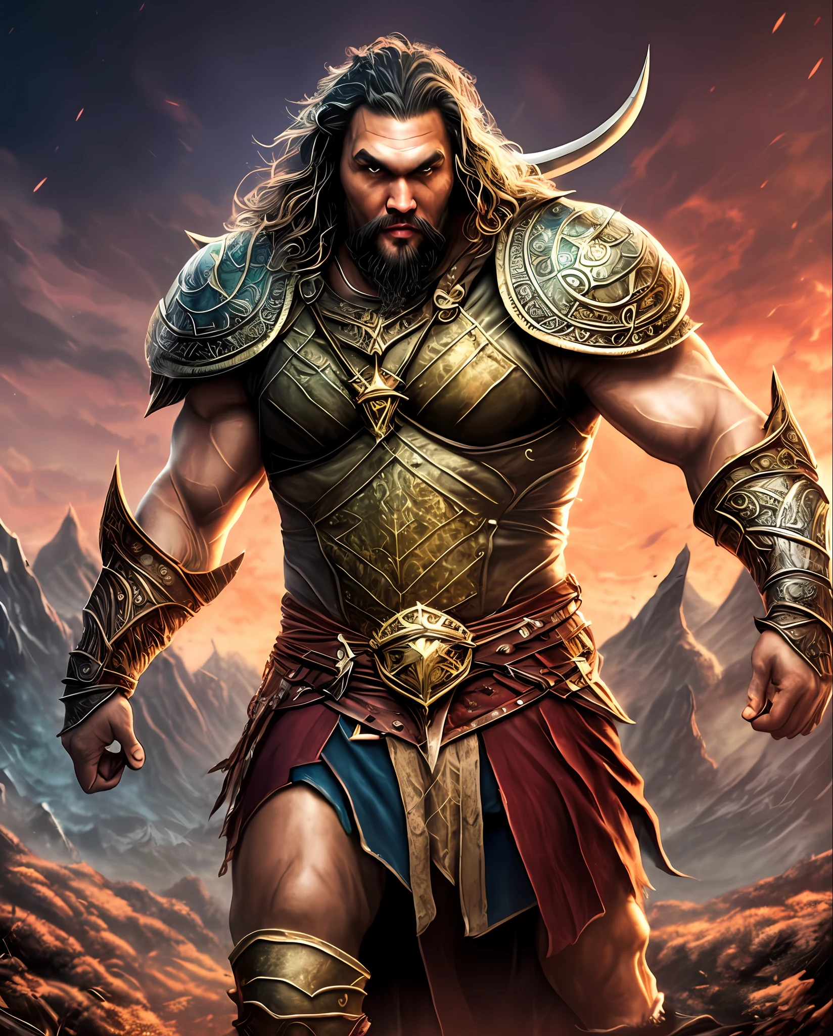 Jason Momoa, a fearless Viking warrior and leader, hyper detailed and ornate leather armor, full body, in artstation forest art, hazy background, realistic epic, rutkowski, hdr, intricate details, hyperdetailed, cinematic, rim light, muted colors: 1.2, dark fantasy, dark and reddish sky, with dark mountains in the background, dark and dangerous atmosphere --auto --s2