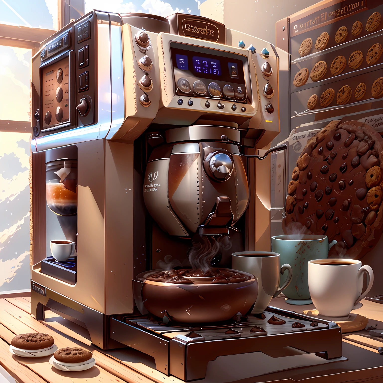 There is a coffee maker on the counter,There is a bowl of cookies on top, highly realistic concept art, ancient coffee machine, Coffee machine, photorrealistic concept art, Arte conceptual fotorrealista, author:Krzysztof Boguszewski, beautiful 3d concept art, inspired by Krzysztof Boguszewski, hyperrealistic concept art