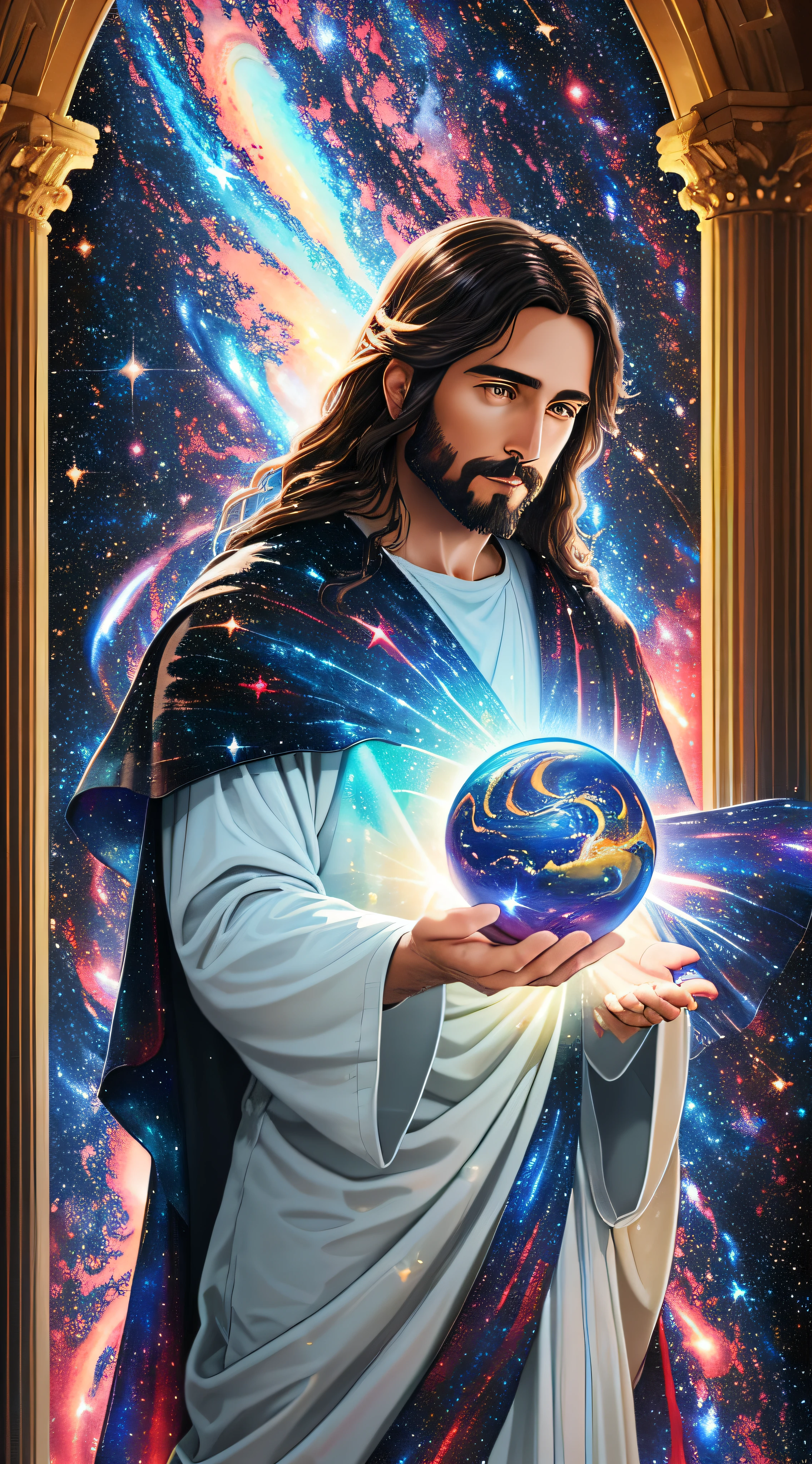 (Jesus Christ, (creator of galaxies + galaxies in the background:1.2), (Planet Earth:0.8)) with the world in the palm of his hands.