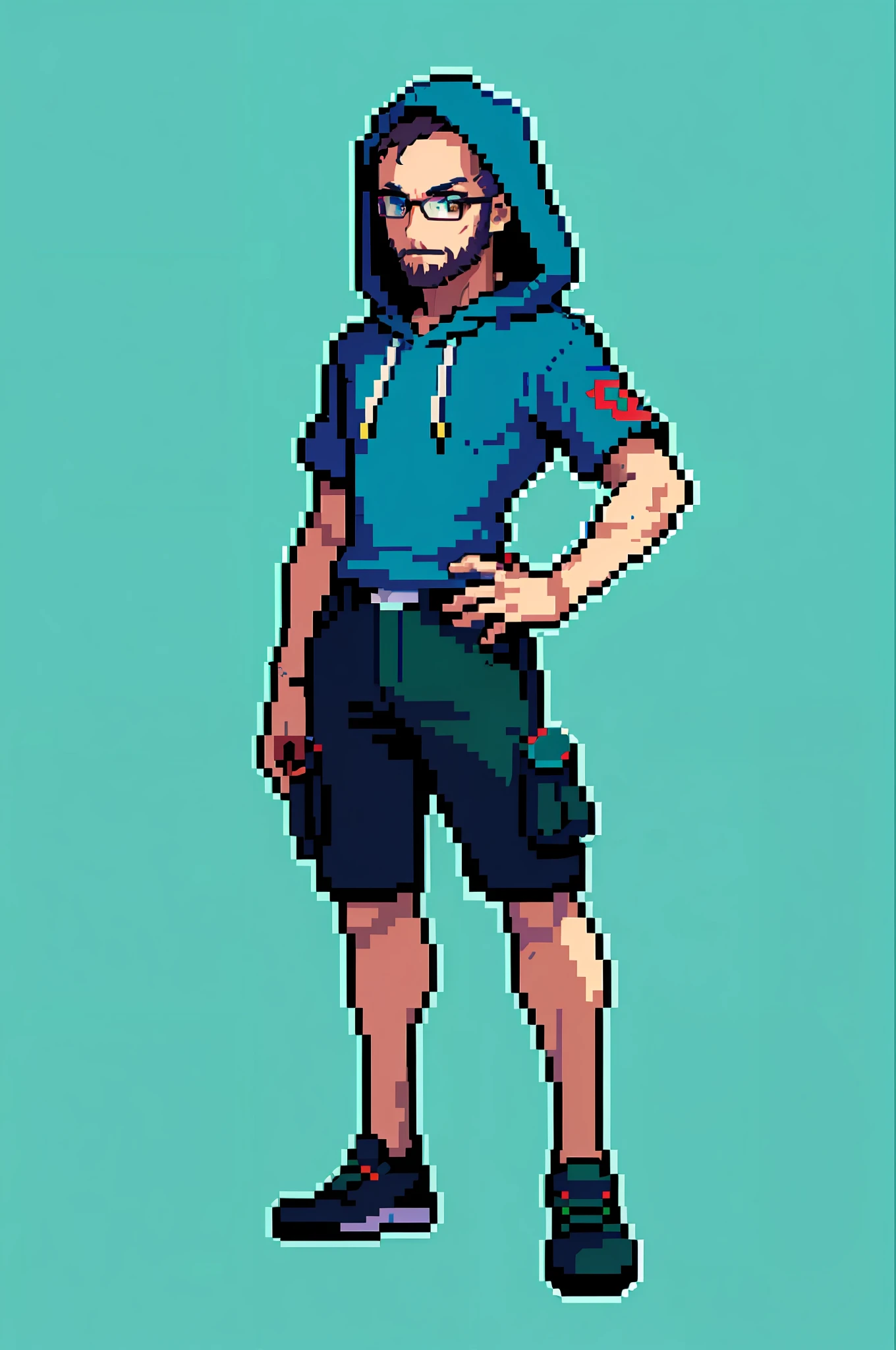 (Masterpiece, Top Quality, Best Quality), Pixel, Pixel Art, 1man, beard and glasses, wavy short hair Full Body, Avatar, purple Hooded Sweatshirt, dark green cargo pants, white Solid Background, purple clothing, poison gym leader