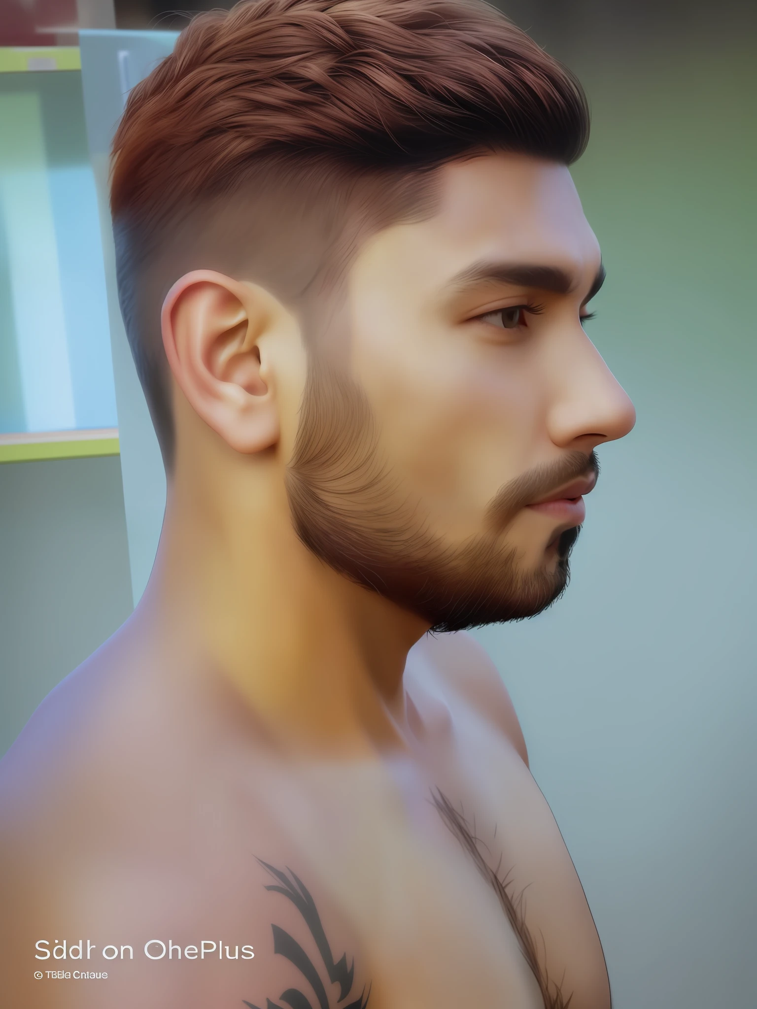 there is a man with a beard and a tattoo on his chest, side profile centered portrait, side profile cenetered portrait, angle profile portrait, sideburns, rugged textured face, side profile portrait, close - up profile face, profile face, side portrait imagery, looking sideway, handsome attractive face, handsome detailed face, shaved beard, portrait shot 8 k