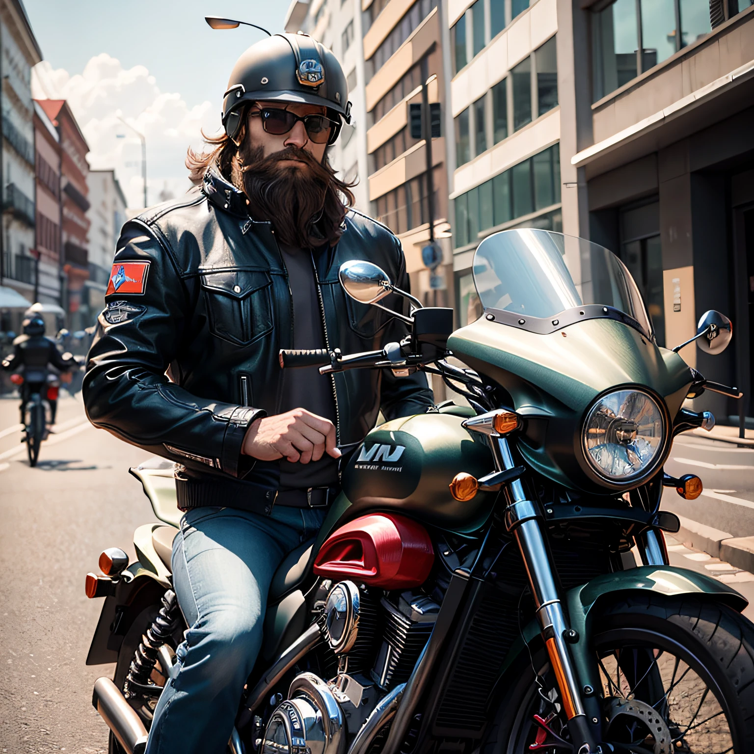 mtu,German helmet,Motorcycle in background,On the street,Eyes look at the screen,Realisticstyle,Wearing sunglasses,musculature,There is a beard, --auto