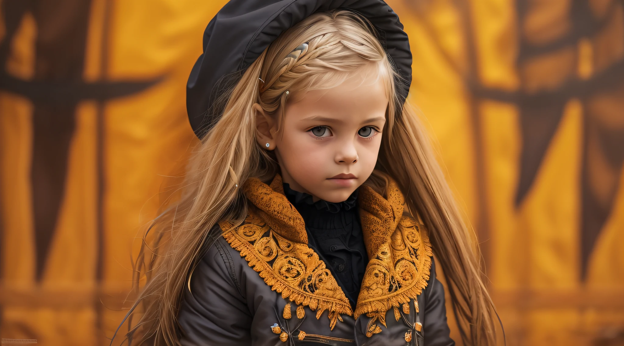 GIRLS Russian children with 10 years, loiro cabelos compridos, PORTRAIT, JAQUETA PRETA E ROUPA PRETA, FUNDO AMARELO.