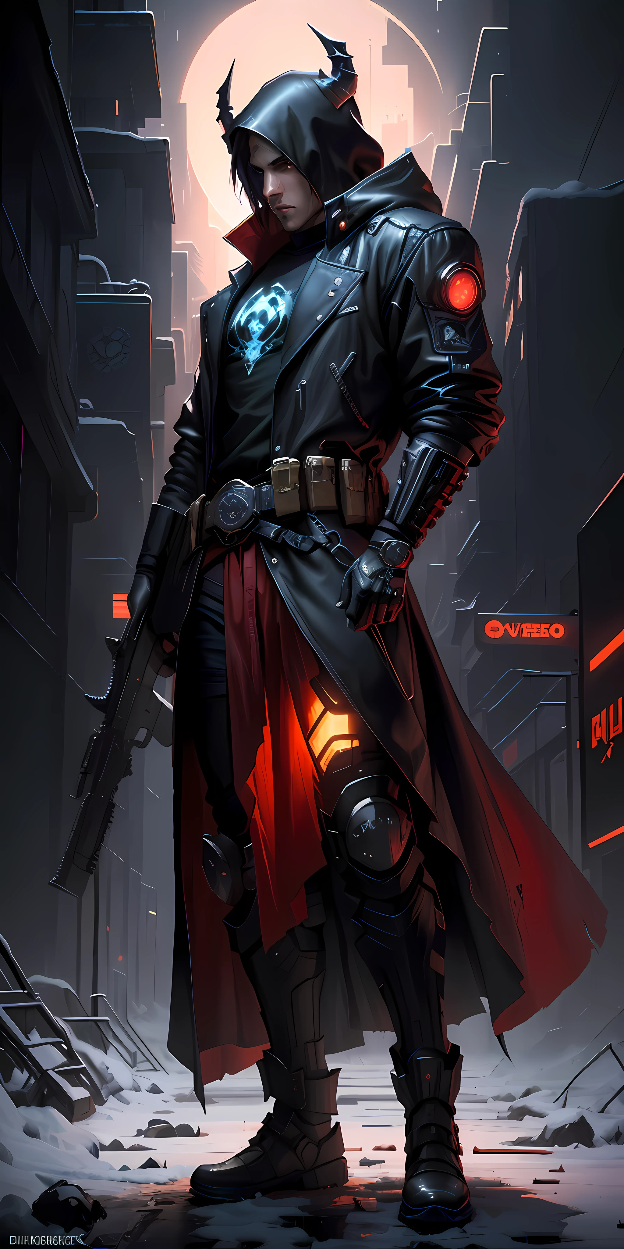 A man wearing a red coat and a black cloak stands in the snow, handsome guy in demon slayer art, dark fantasy style art, beautiful male god of death, Beautiful Full Body Concept Art, epic fantasy art style, Epic Exquisite Character Art, by Yang J, demon slayer artstyle, 8k high quality detailed art, Detailed concept of the whole body, dark fantasy character design,There's a man with a gun and a gun in his hand., Imperial Military Cyberpunk, Cyberbank soldier, The concept of art as Ernest Khalimov, Detailed science fiction art, Sci-Fi soldier, Future soldier, Pulse guns, Detailed digital concept art, High-quality digital concept art, Wojtek FUS, 4k detailed digital art, Raymond Swanland style, Armed,Man in the Rain by the Dark Knight, Cyberbank, Forged technology. New Black Style, The art of the Cyberpunk character, Cyberpunk horror style, Cyberpunk Champion, Has a cyberpunk style, Cyberpunk character, Cyberpunk style, Harry Potter at Cyberpunk, Cyberpunk Dark Illustration, Black Cyberpunk, Cyberpunk character design, Cyberbank Street Goal, The Riddler, Cyberpunk Dude, Cyberpunk suit, New Cyberbank