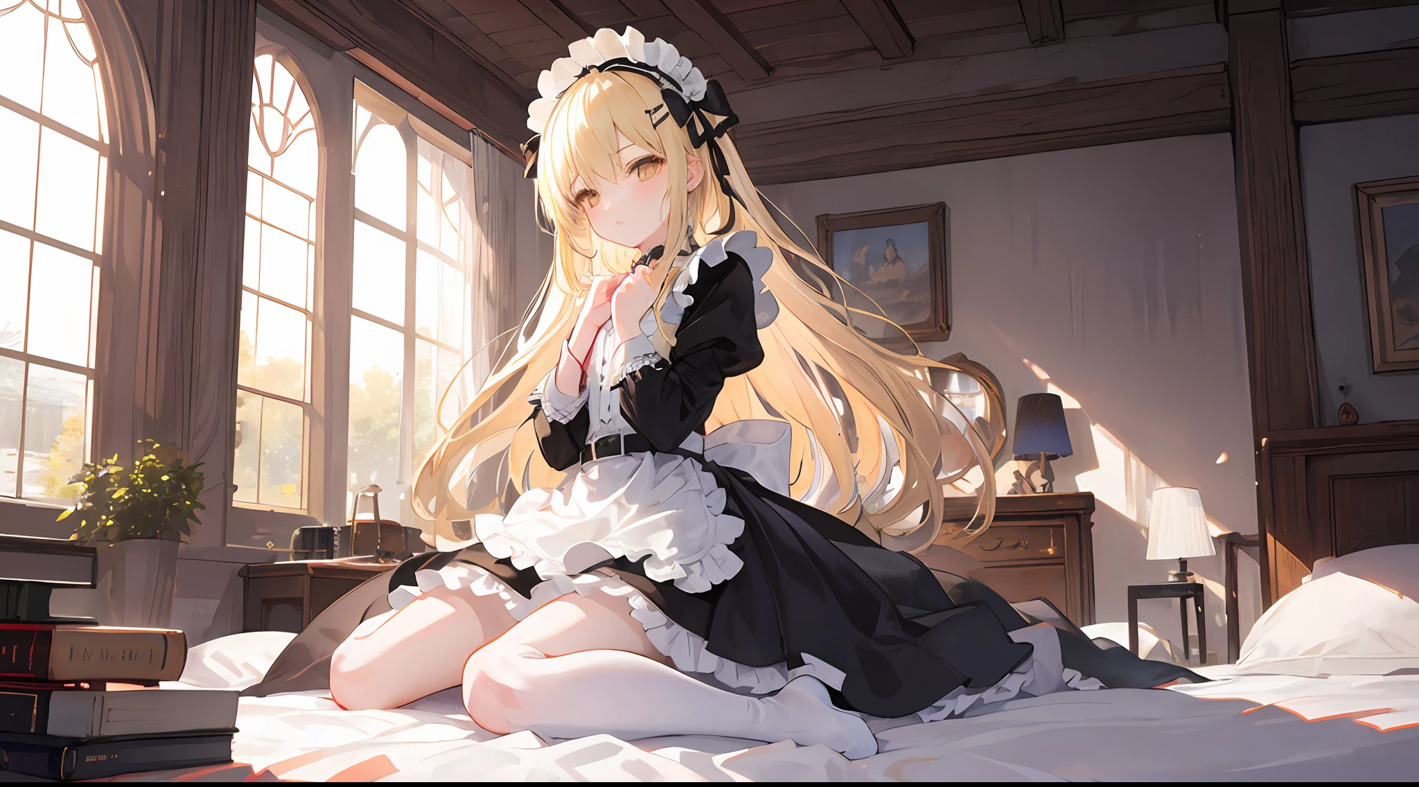 Movie Angle,full body,Symmetrical,Ray tracing,incredibly_absurderes,Ray tracing,{Best quality}, {{Masterpiece}}, {A high resolution}, Original, Extremely detailed 8k wallpaper, {An extremely delicate and beautiful},,incredibly_absurderes,Colorful,intricately details,art book,,Perspective,very wide angle shot,A high resolution,Extremely detailed Cg Unity 8K wallpaper,Detailed manga illustrations,art of light novel,art of light novel,Petite,Petite,angel,angel,Dragon girl,Dragon girl,lolita fashion,Babe,Babe,Very_Long_Hair,waistup_length_Hair,Blonde_Hair,Blonde_Hair/Yellow_Eyes,Blonde_Hair,Blonde_Hair/Yellow_Eyes,facingviewer,,Hands in hair,Indoors,chies,on top of the bed,Expressionless,duck sitting,Slim legs,Gothic_Lolita,Lolita Gothic,Pleated dress,white stockings,White_upper legs,no shoe,lace-trimmed_mitts,belt,ribbon,maid headdress,Hair accessories hair bow,hair adornments,Cross necklace,Tiny_chest,Tiny_chest,Tiny_chest,ahoge,Pedras preciosas,