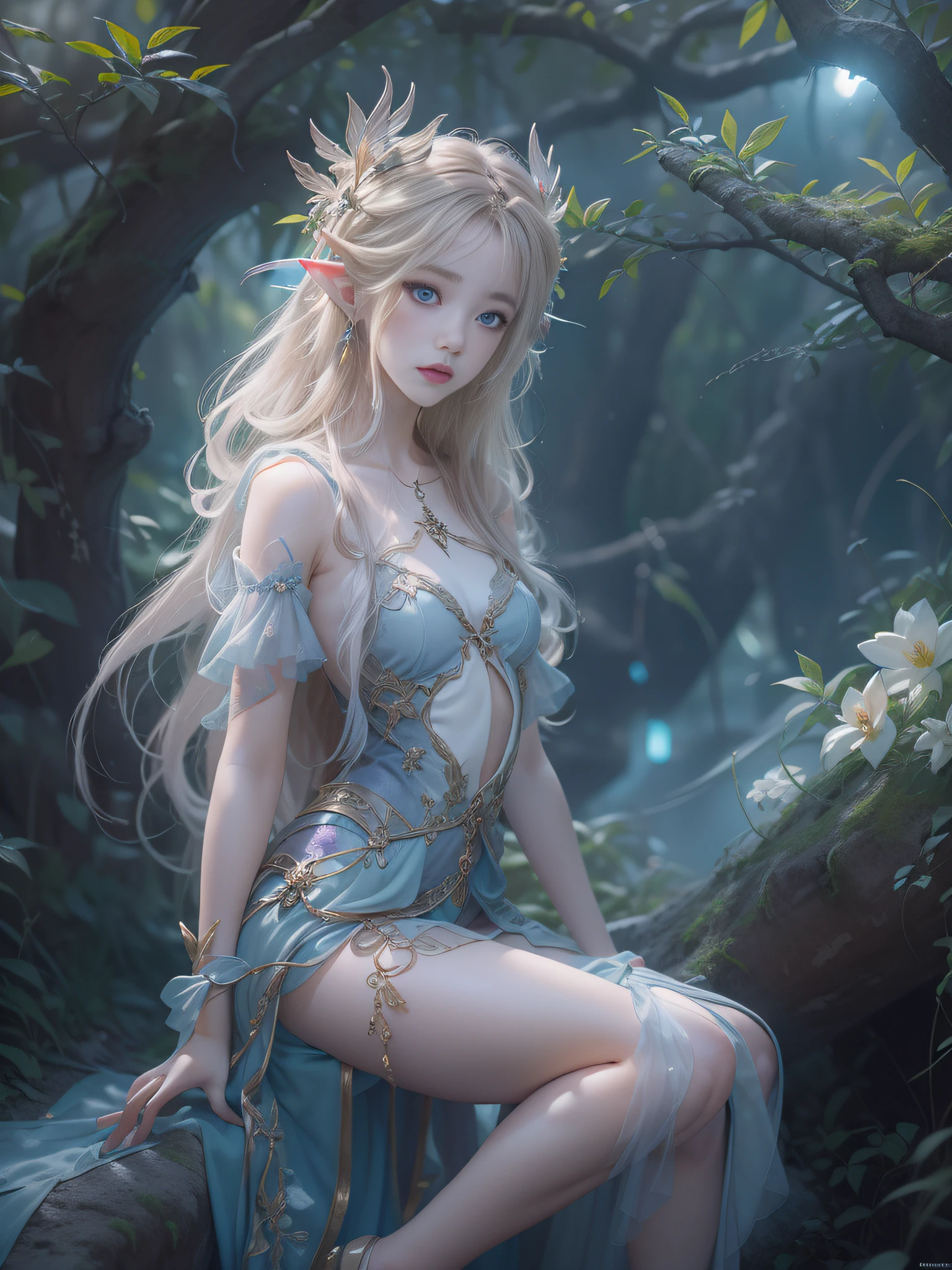 Red and purple dream color system、Sense of fate、top-quality、Master Layout、illuminating、full body Esbian、tsurime,blond woman in a,a blond,Blue eyes,A spring in a dense forest、elvish、Dressed in a fairytale costume、((small tits,Thin leg,skinny thigh)),Water Fairy、ethereal fantasy、Fairy Tale Aesthetics、astral fairy、beautiful and elegant elf queen、ethereal fairy tale、beautiful ancient frost witch、 Fantasy aesthetics、fairy tale core、Anime Cosplay、ethereal beauty、Fantasy Art Style、Anime girl cosplay、ethereal fantasy、beautiful fairies,jungles,extremely detailed eye and face、beatiful detailed eyes,