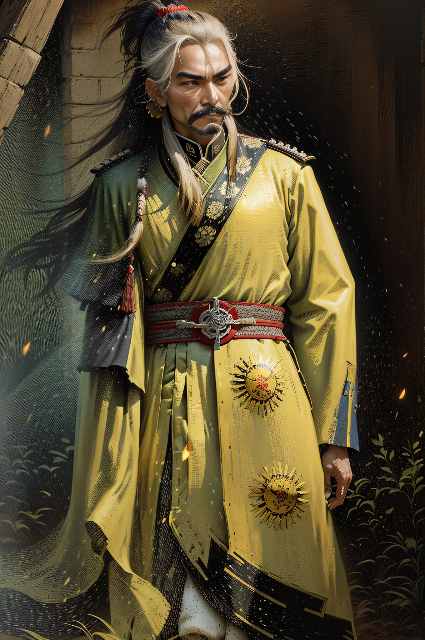 General Sun Tzu num campo de batalha com inimigos no campo de fundo