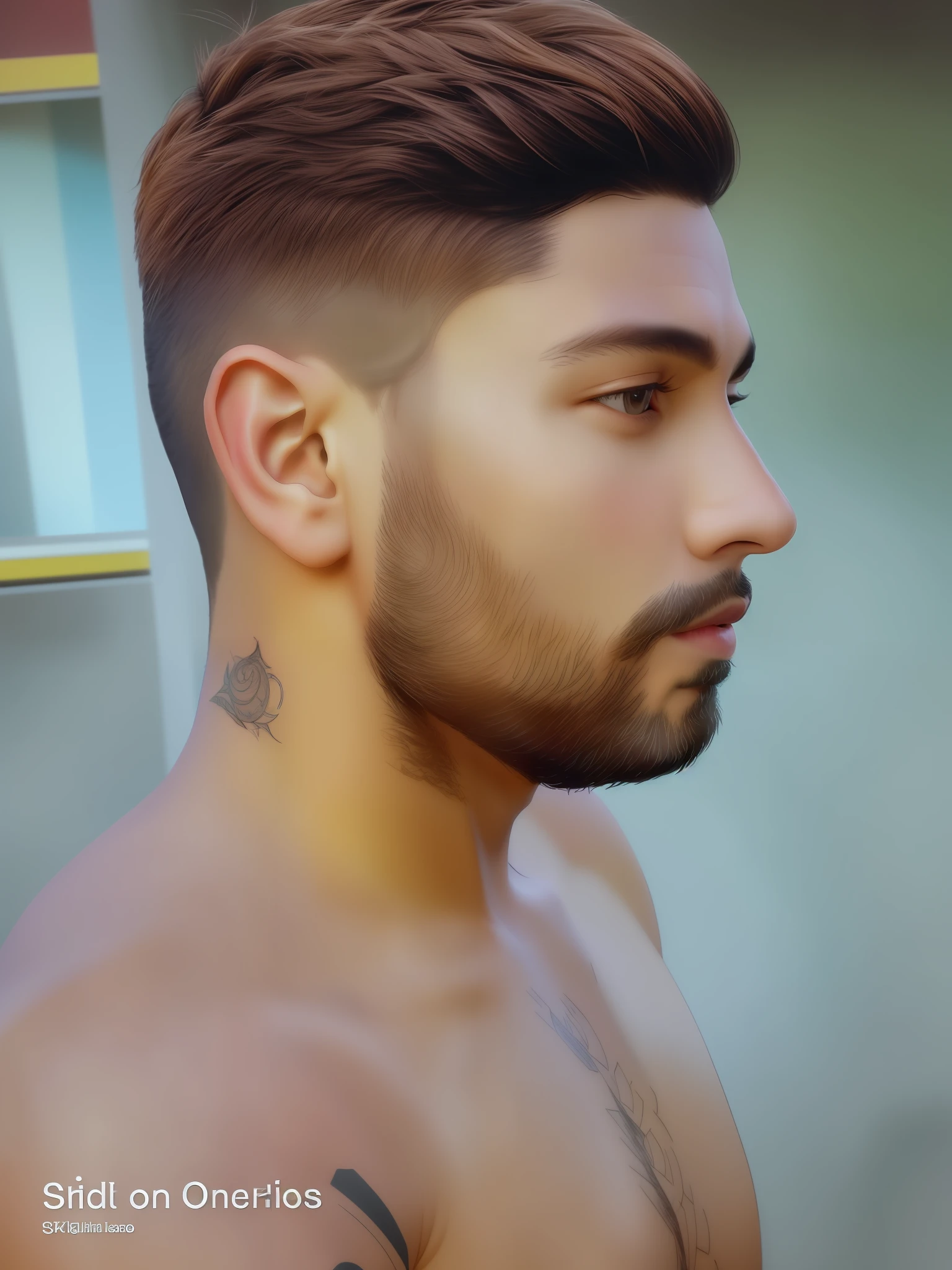 there is a man with a beard and a tattoo on his chest, side profile centered portrait, side profile cenetered portrait, angle profile portrait, sideburns, rugged textured face, side profile portrait, close - up profile face, profile face, side portrait imagery, looking sideway, handsome attractive face, handsome detailed face, shaved beard, portrait shot 8 k