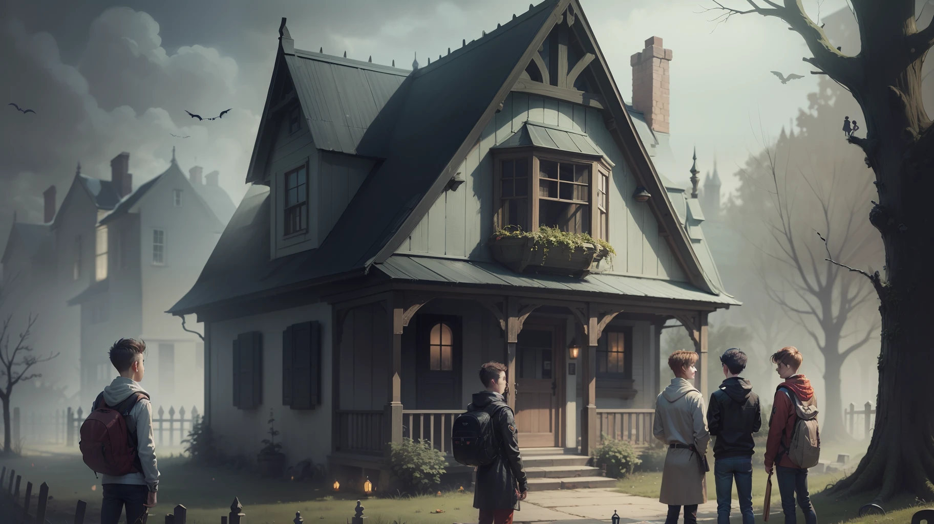 5 boys talking to each other outside a spooky house.