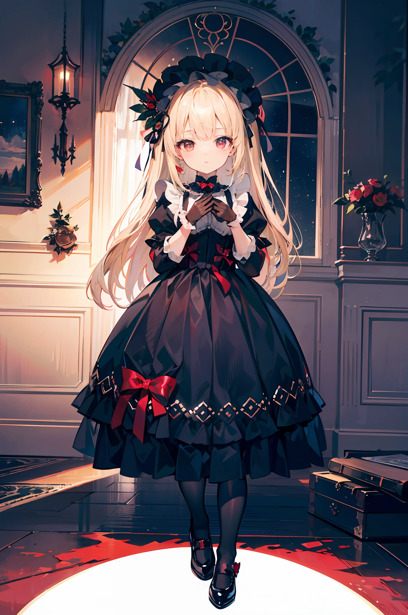 Lolita Gothic,Black pleated skirt,profile,incredibly_absurderes,Ray tracing,{Best quality}, {{Masterpiece}}, {A high resolution}, Original, Extremely detailed 8k wallpaper, 1girll, {An extremely delicate and beautiful},,Ray tracing,{Best quality}, {{Masterpiece}}, {A high resolution}, Original, Extremely detailed 8k wallpaper, {An extremely delicate and beautiful},,incredibly_absurderes,Colorful,intricately details,art book,,{Best quality}, {{Masterpiece}}, {A high resolution}, Original, Extremely detailed 8k wallpaper, {An extremely delicate and beautiful},,full body,Perspective,very wide angle shot,Overall view,,Red Moon,Starry sky,clusters of stars,Starry sky,glistening stars,,chies,A high resolution,Masterpiece,art of light novel,art of light novel,Vampire,Petite,lolita fashion,neat figure,Slender waist,Long hair,Red eyes,Blonde_Hair,looking at the distance,standing,hiddenhands,hiddenhands,Slim legs,Knees Together,Serious,Beautiful detailed eyes,Gothic_Lolita,Pleated skirt,Loli,mary_janes,lace-trimmed_mitts,maid headdress,hair adornments,Cross necklace,cloaks ,Tiny_chest,Tiny_chest,ahoge,leg loops,chibi,Q version